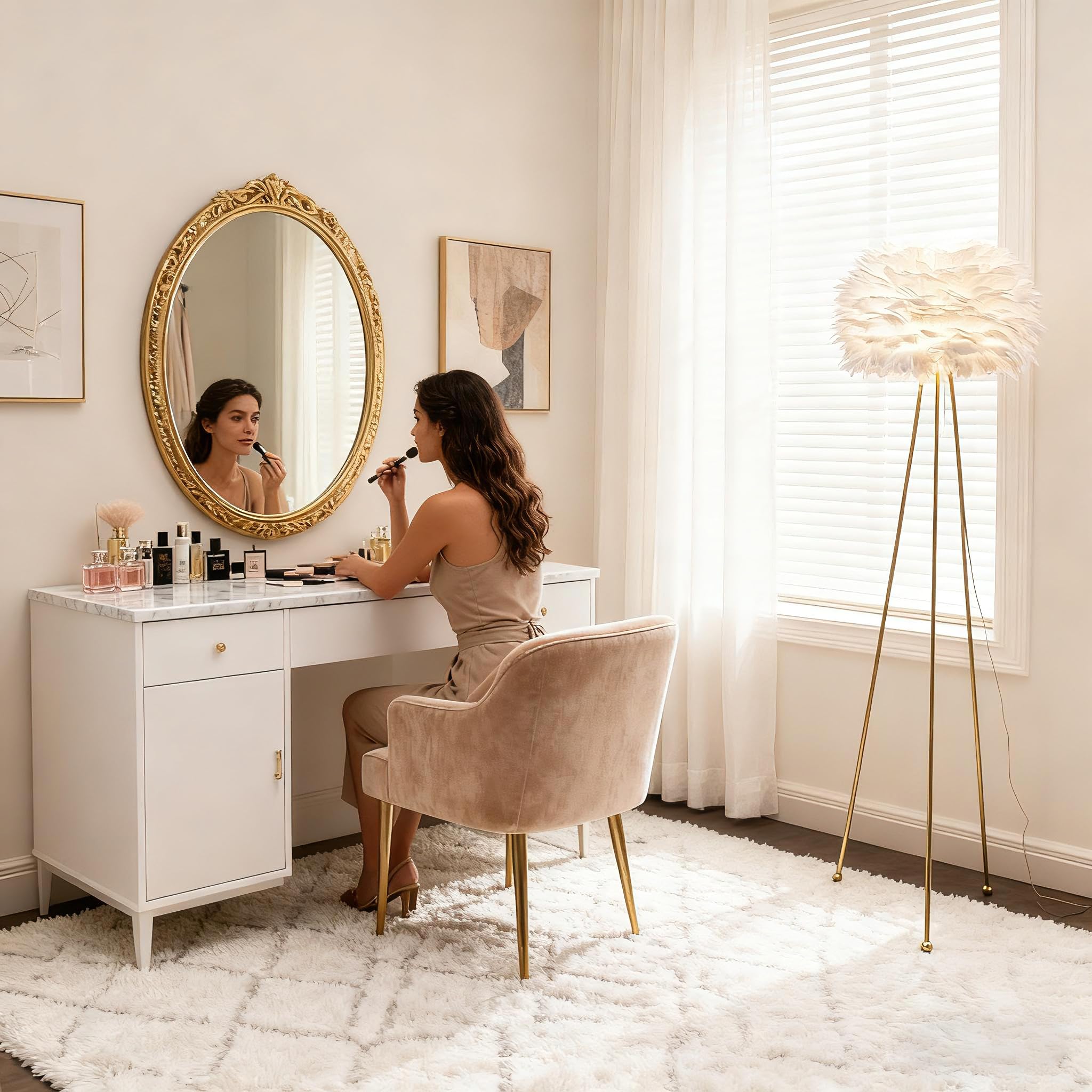 Maxax 60 Tripod Floor Lamp - Modern Gold With White Feather Shade, F21 Model For Bedroom, Dining Room, Living Room, Kitchen