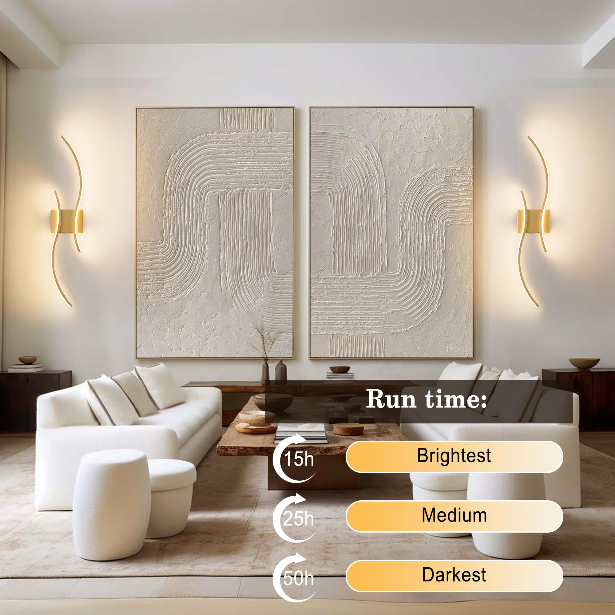 KARTOOSH Battery Operated Wall Sconces Set, Remote Control, Dimmable LED, Gold, 27.5 Inch (2 Pack), Model ZM319BGD70