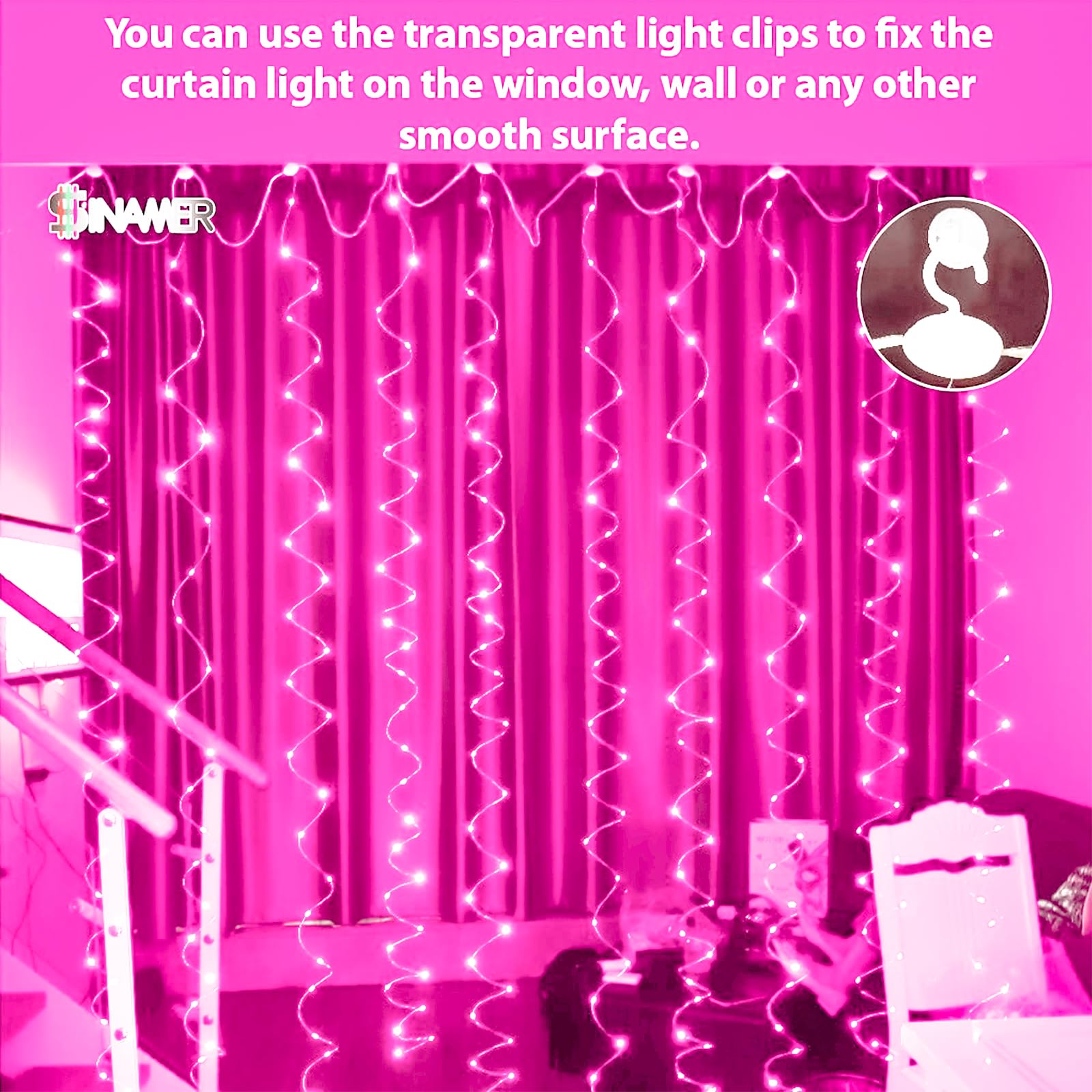 Sinamer Pink Curtain Light For Bedroom, 300 Led 9.8Ft X 9.8Ft Window Fairy Curtain String Light With 16 Hooks, 8 Models Remote Control For Wedding Party Home Garden Indoor Decorations