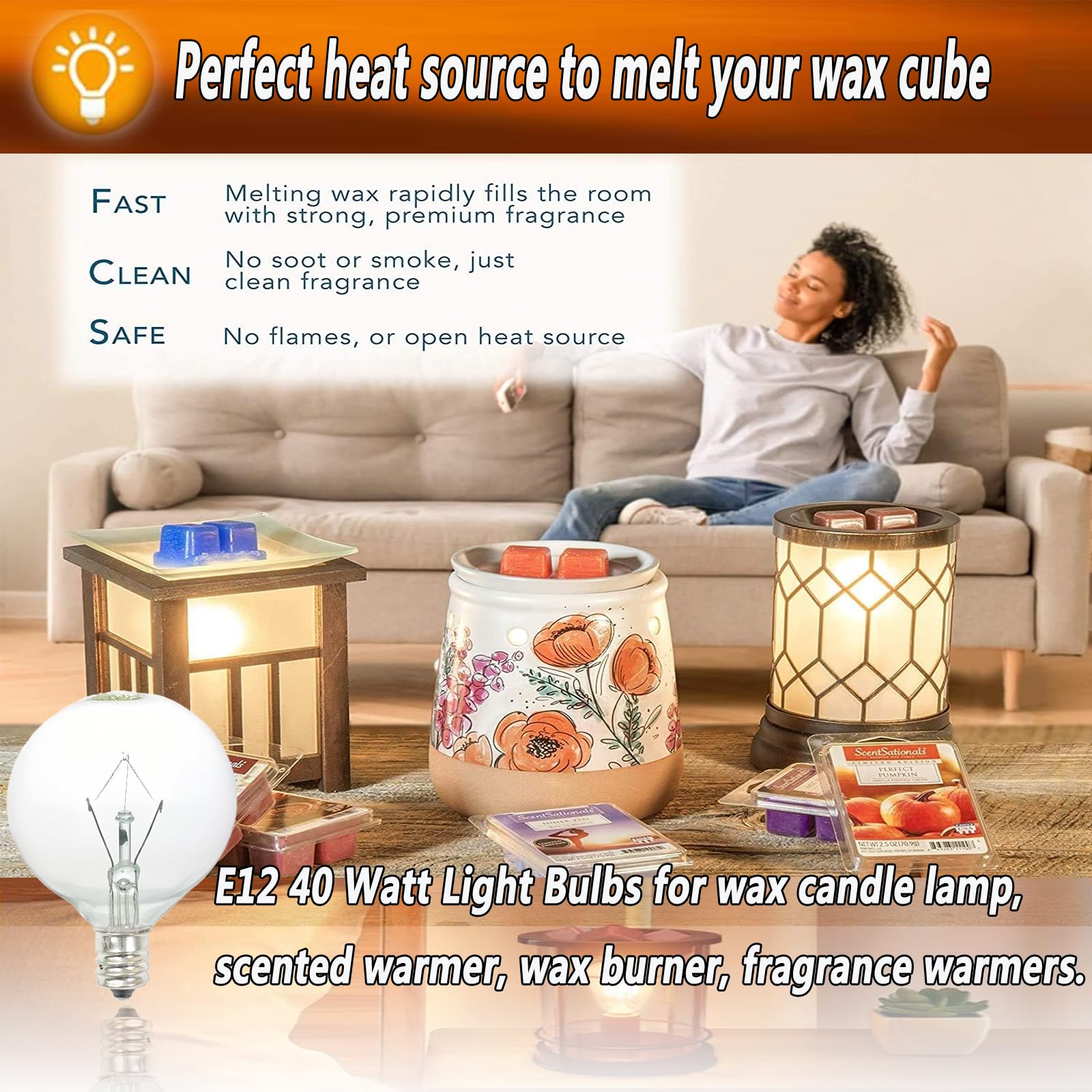 40W Light Bulbs,Wax Warmer Bulbs,E12 Candelabra Base 120 Volt Round Light Bulbs For Full Size Scentsy Warmer ,Wax Melt Warmer,Chandelier Table Lamp Wall Sconces ,Soft Warm White,G50/120V,6 Packs