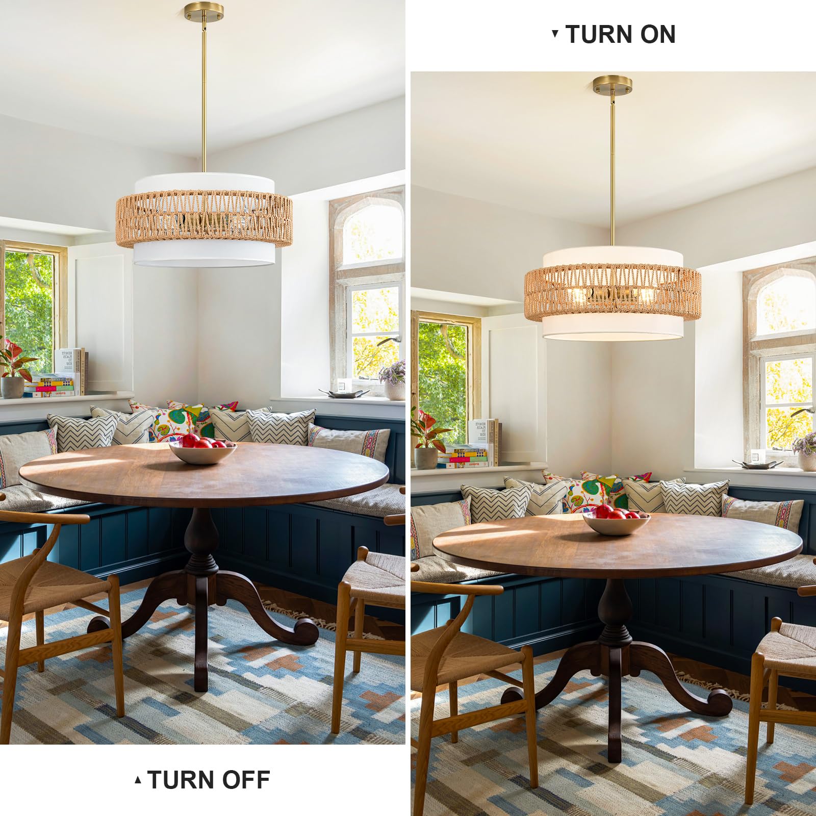Outiron 19.7'' Boho Rattan Chandelier, 4-Light Large Rattan Pendant Light With Fabric Shade, Boho Drum Ceiling Hanging Light Fix