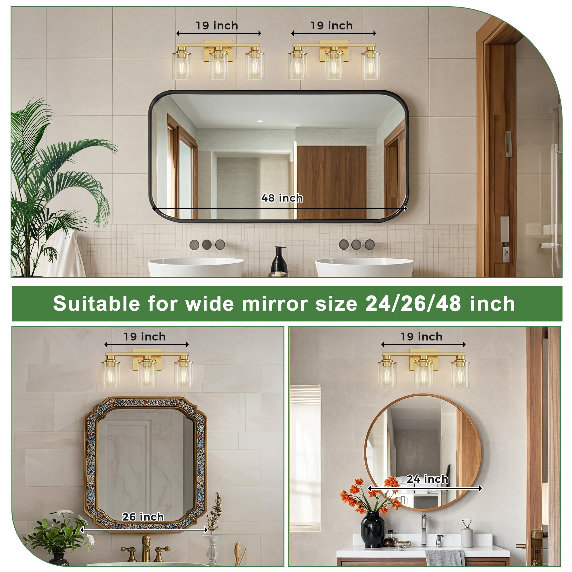 DORESshop 20 Inch Brass 3-Light Bathroom Light Fixtures with Clear Glass Shade, ETL Listed Vanity Lighting for Living Room Bedroom
