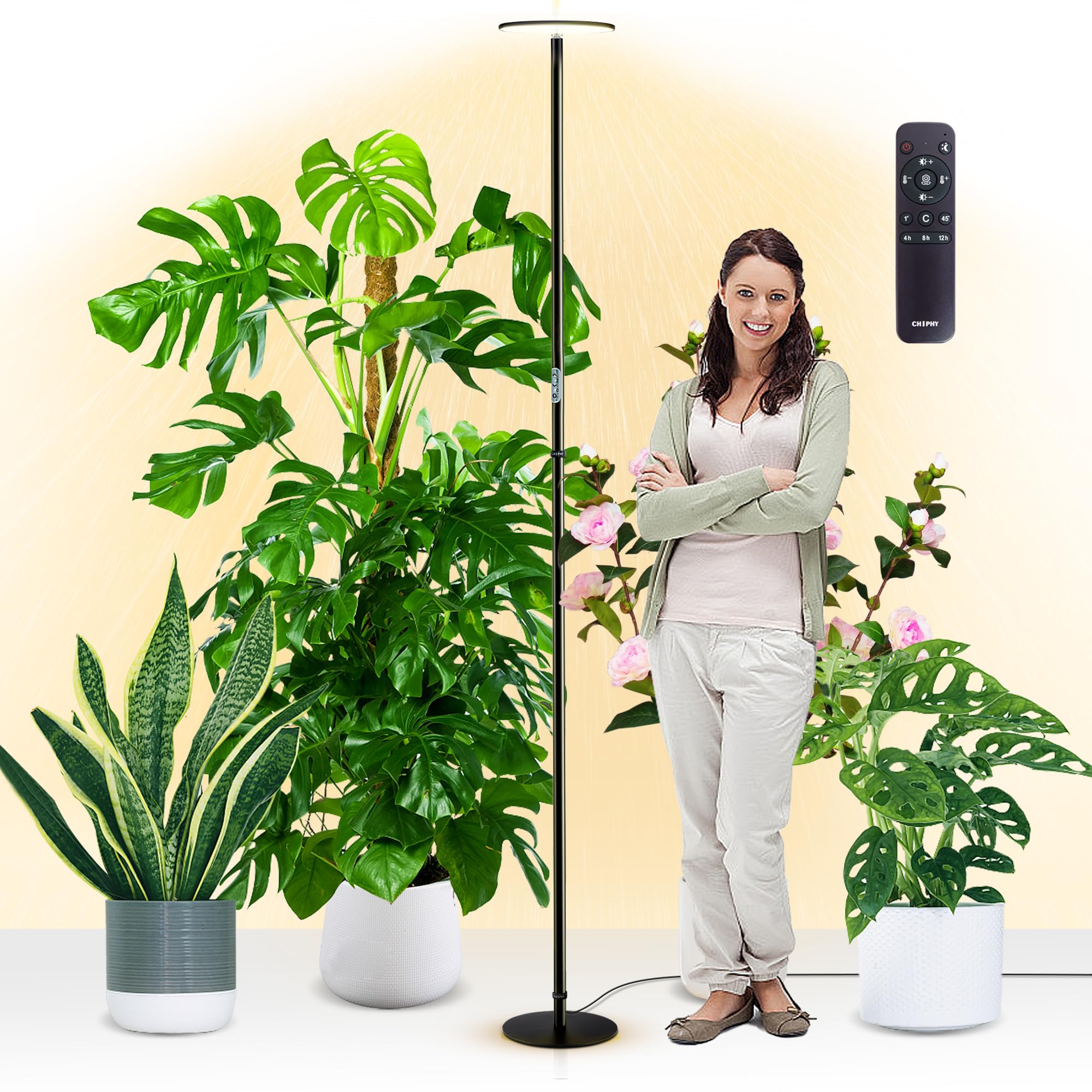 chiphy Grow Lights, 60W Full Spectrum Indoor Plant Lamp, 85in with Timer & Remote, Black, Model RF06-002-BK(A)