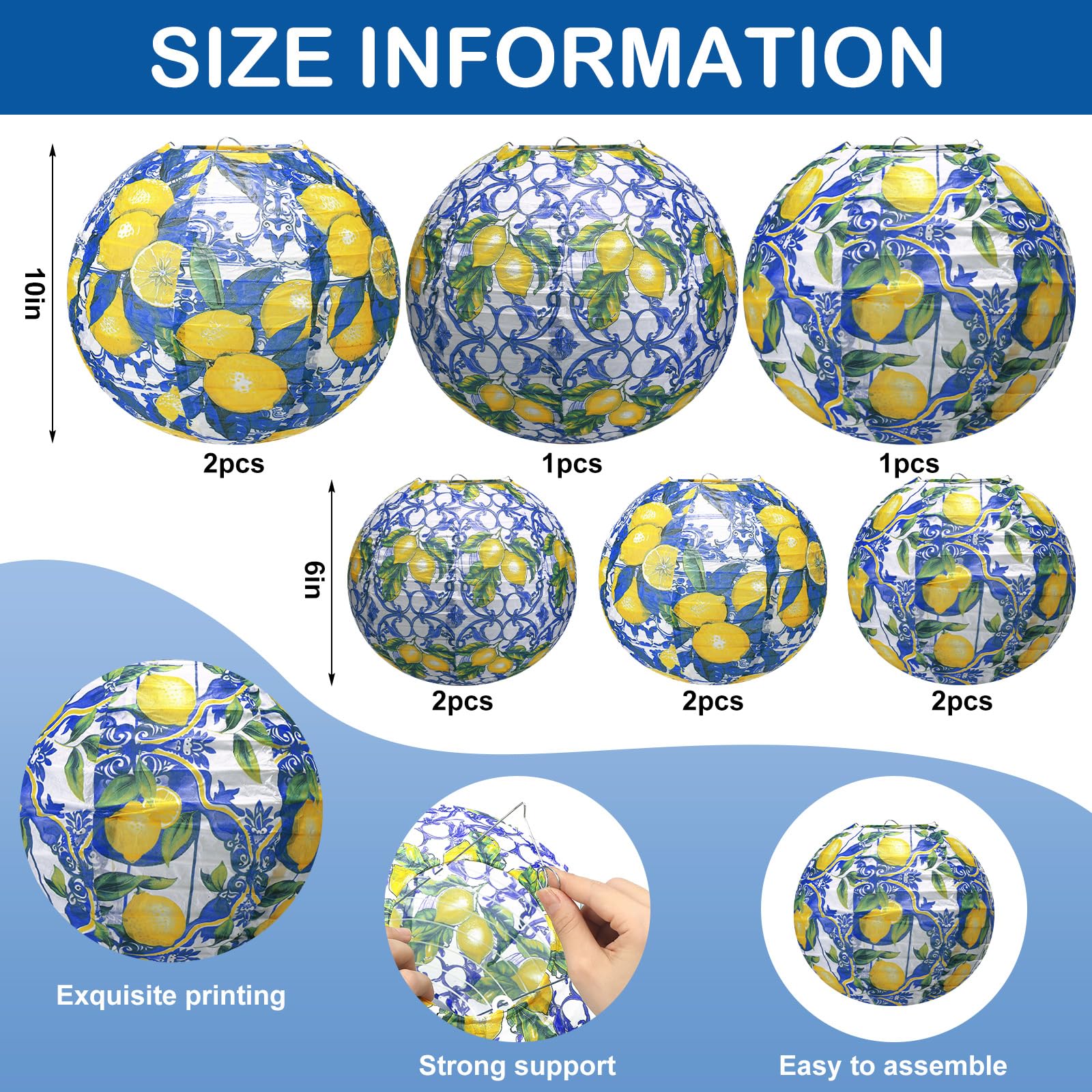 MotiMind Amalfi Coast Paper Lantern Kit - 10 Pcs Lemon Yellow, Blue & Ivory Cream Decorations for Wedding, Baby Shower, Birthday Parties
