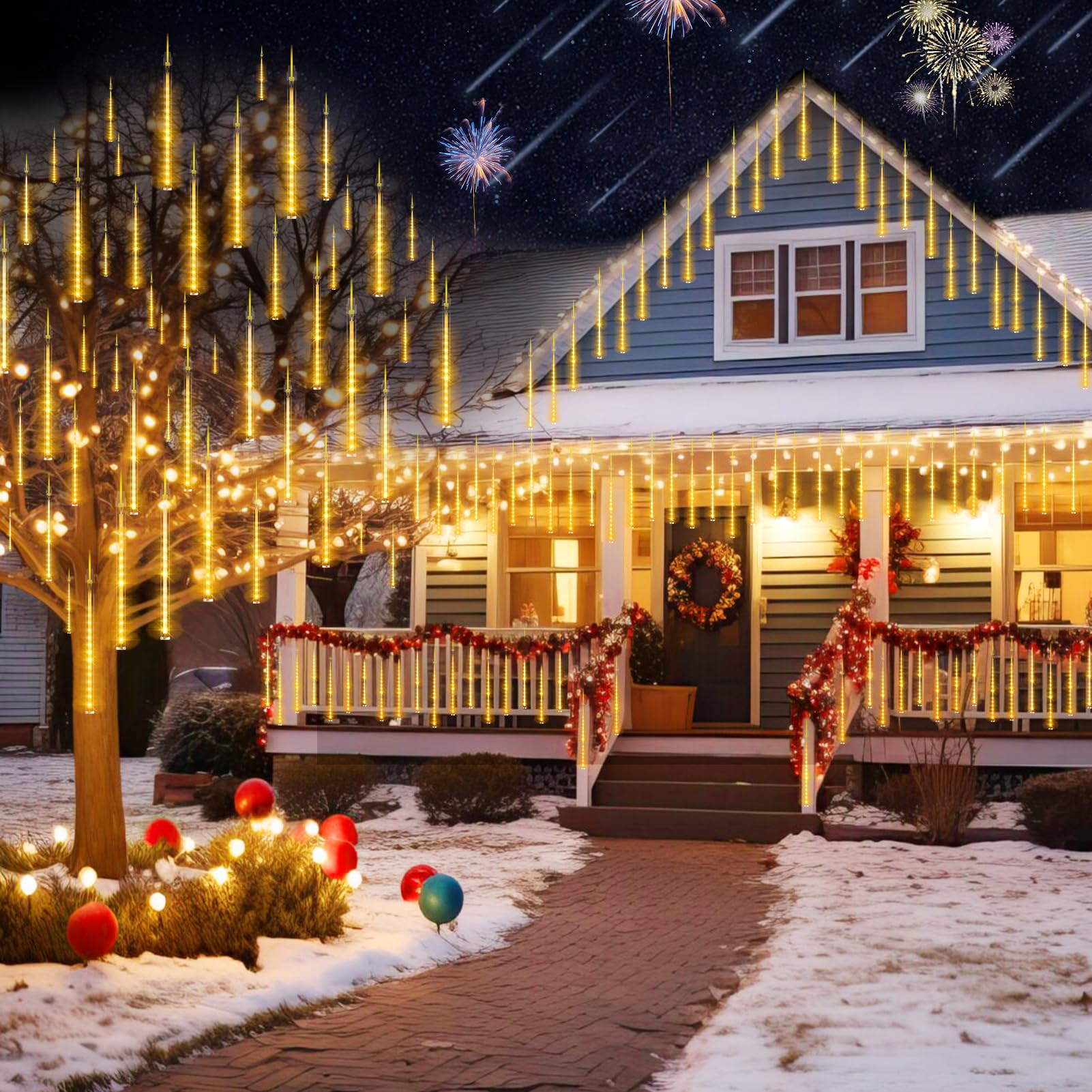 KNONEW LED Meteor Shower Lights, 40 Tubes, Warm White, Waterproof, Model KN-1000-LIG168-01, for Xmas Tree, Wedding, Garden Decorations