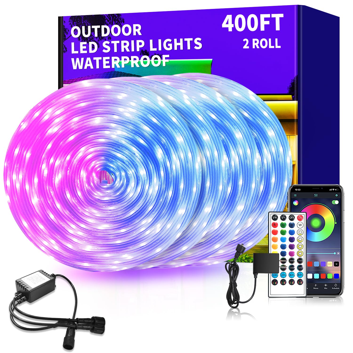 vimeepro Outdoor LED Strip Lights, 400ft Waterproof, RGB, IP68, Music Sync, 2 Rolls of 200ft, Model vimeepro-ledFS400FT04
