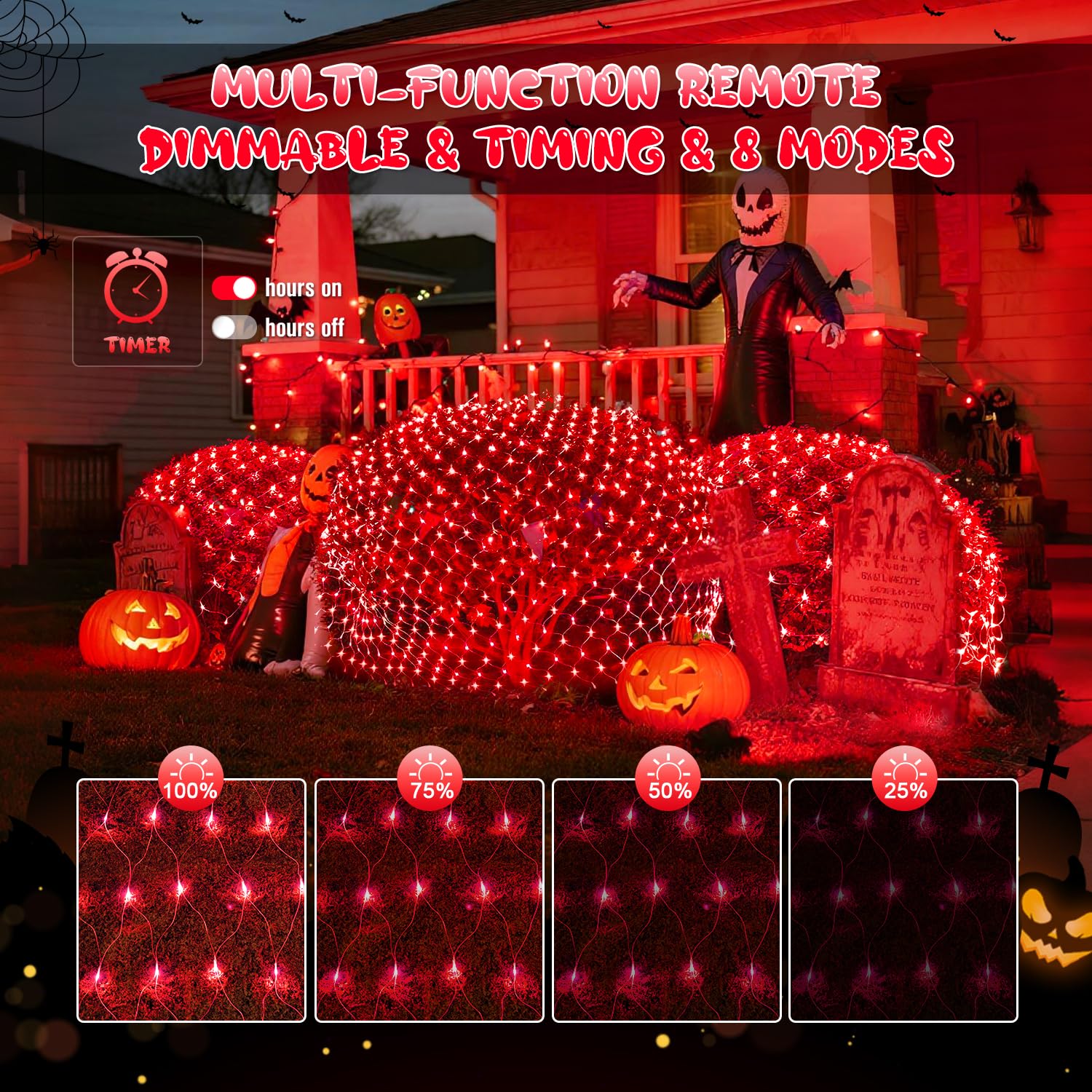 JMEXSUSS 200 LED Red Christmas Net Lights, 9.8ft x 6.6ft, Waterproof, Connectable with Remote, Model EXS-N-0200