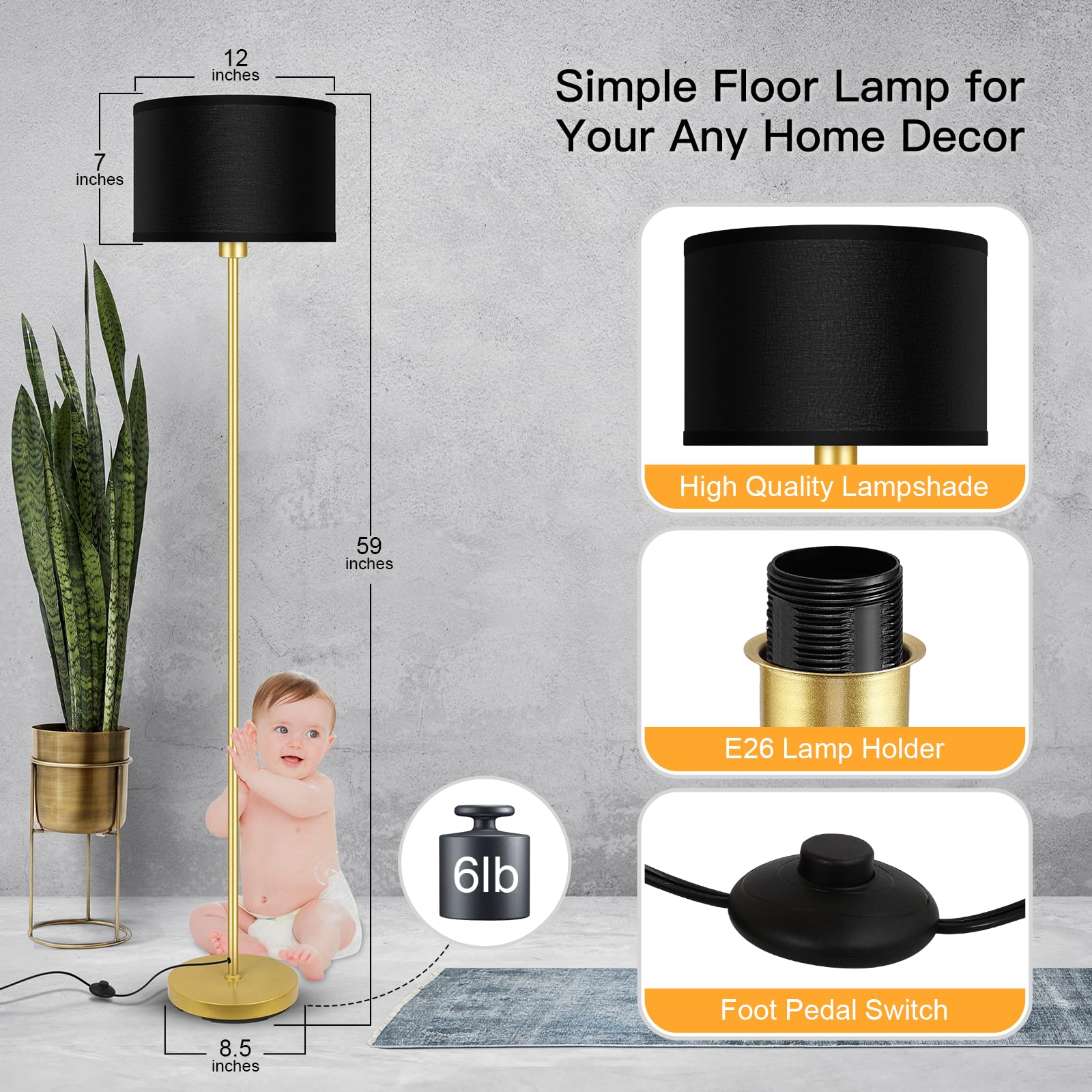 Gold Floor Lamps For Living Room, Modern Bright Standing Lamp, Black Lamp Shades, Foot Switch, Simple Pole Lamps Corner Lamp For