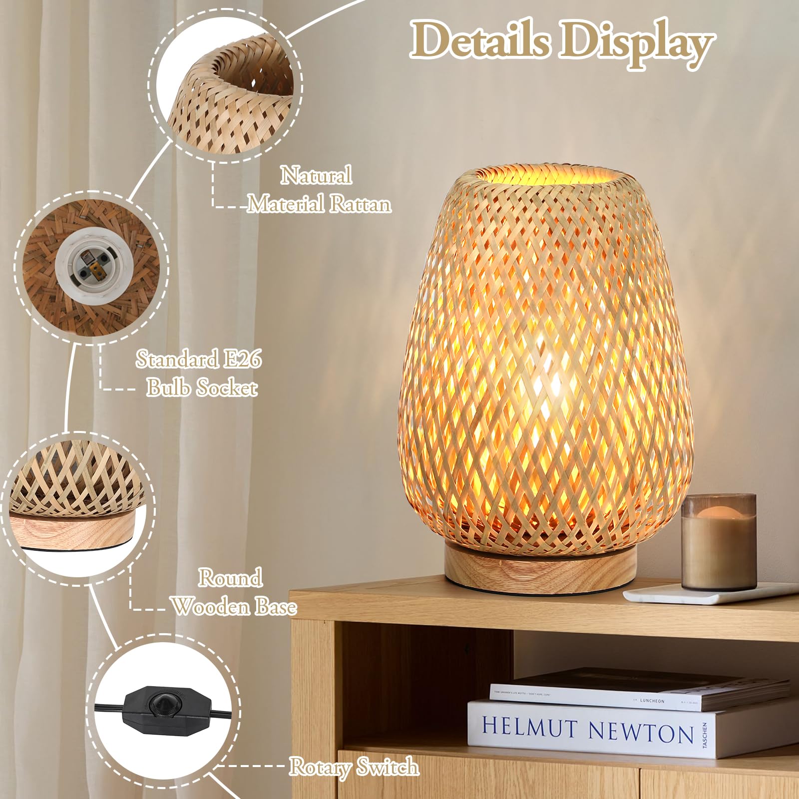 Brightever Rattan Table Lamp, Stepless Dimmable, Small, Wooden, Yellow, Model T1002-1, Perfect for Bedroom and Living Room