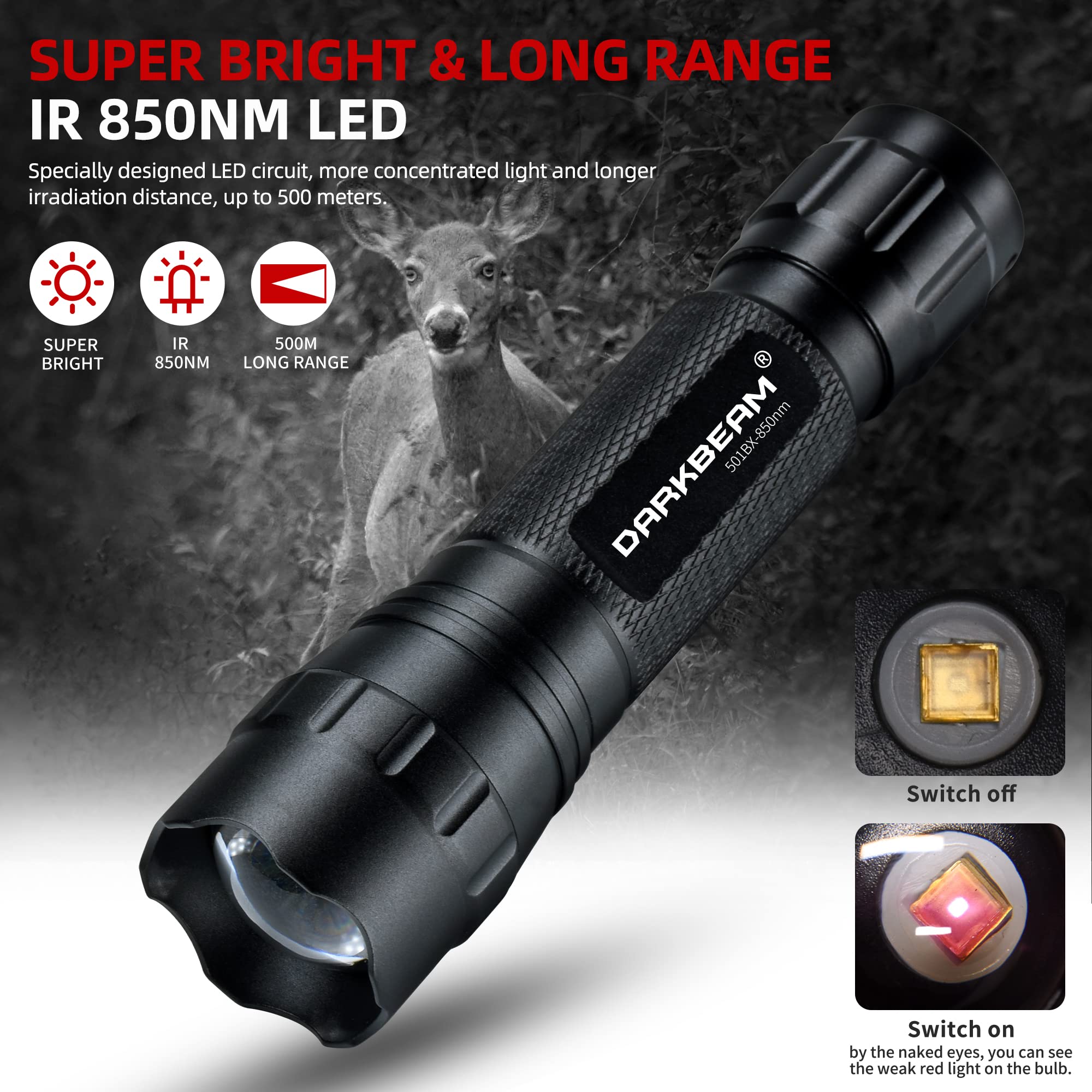 DARKBEAM Infrared Flashlight 850nm - Rechargeable Mini Tactical LED, Adjustable Focus, High Power, Model DKL_501BX-850