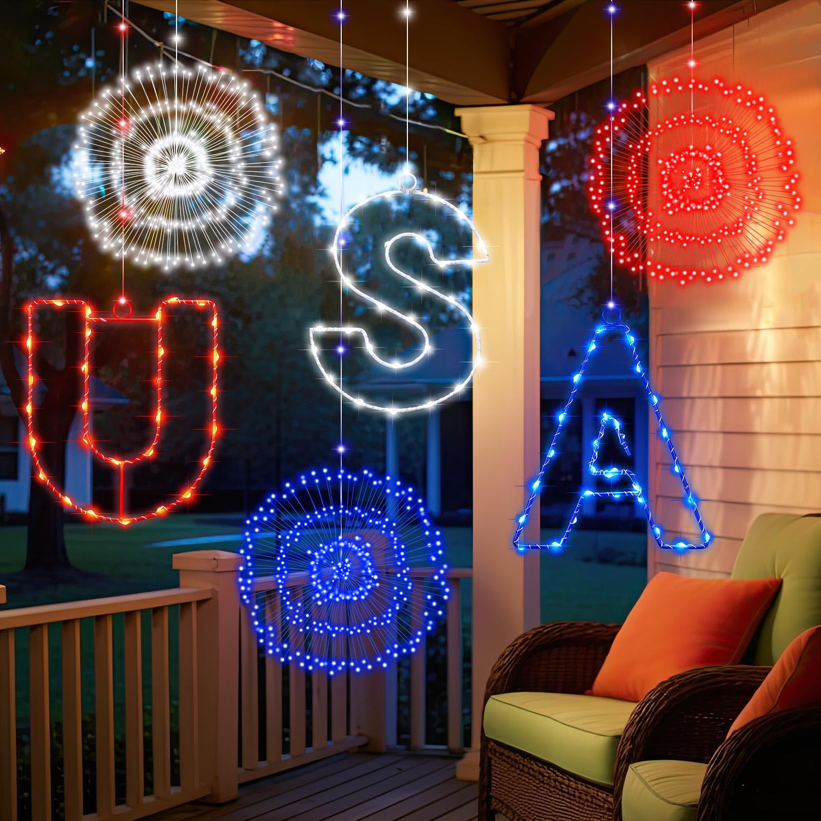 Aurelema 6 Pack 4th of July Decorations Firework Lights Hanging Patriotic Red White and Blue Starburst USA Letter 160 LED Lights