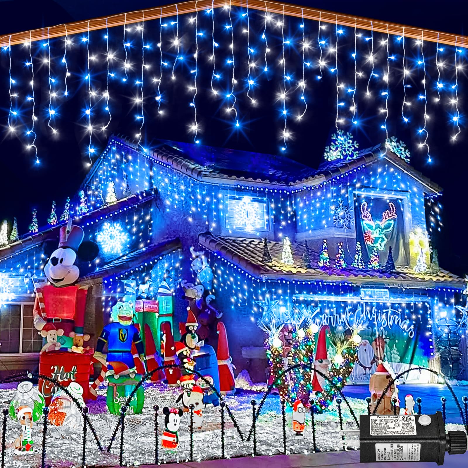 99Ft Icicle Lights For Outside  Blue And White Christmas Lights Outdoor Indoor  1216 Led Twinkle String Light With 228 Drops Curtain Light For Thanksgiving Room Home Wall Bedroom Window Decoration
