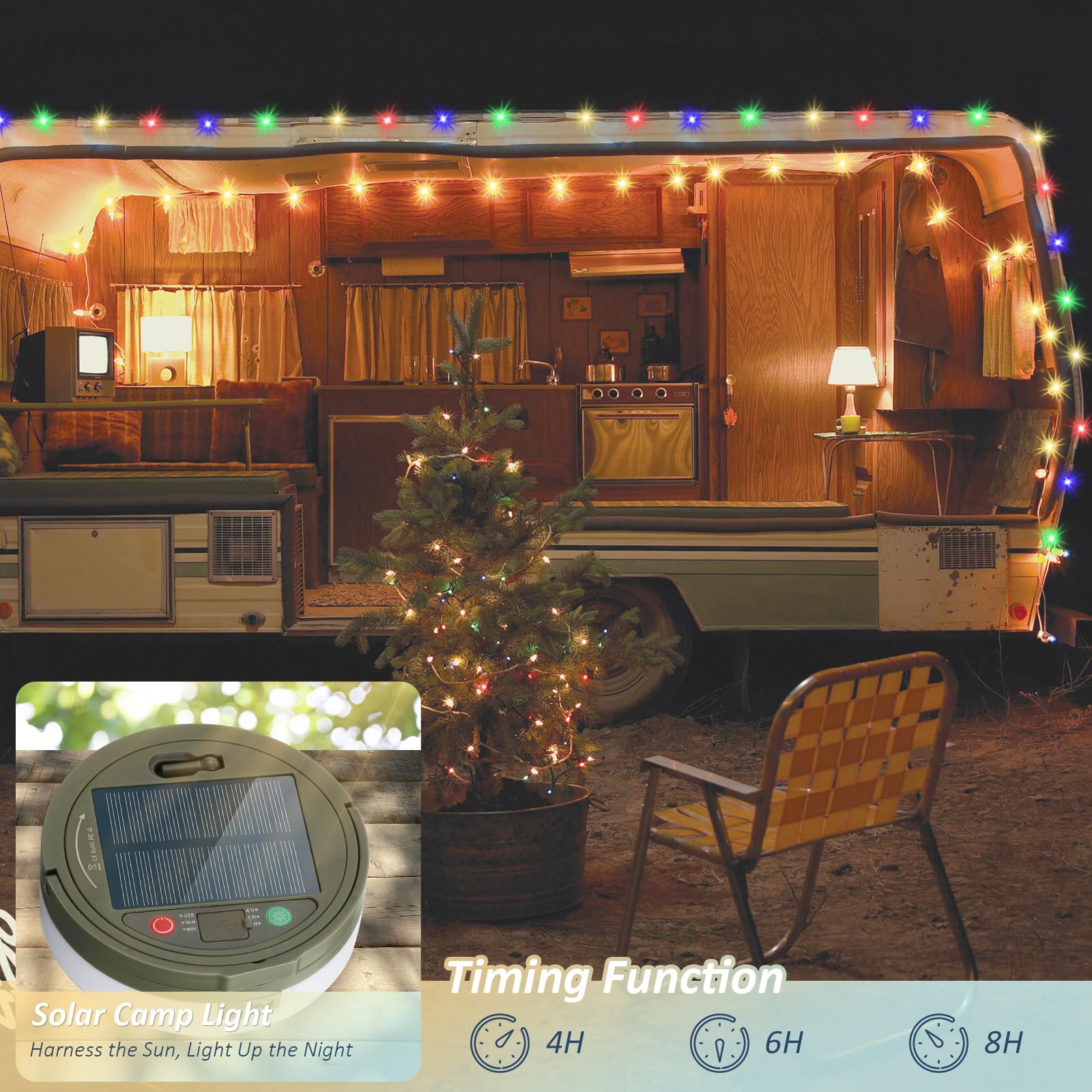UOUNE Camping String Lights, 32.8Ft Solar Camping Lights, Portable Waterproof Camp Lamp with 13 Lighting Modes, Hanging Recharge