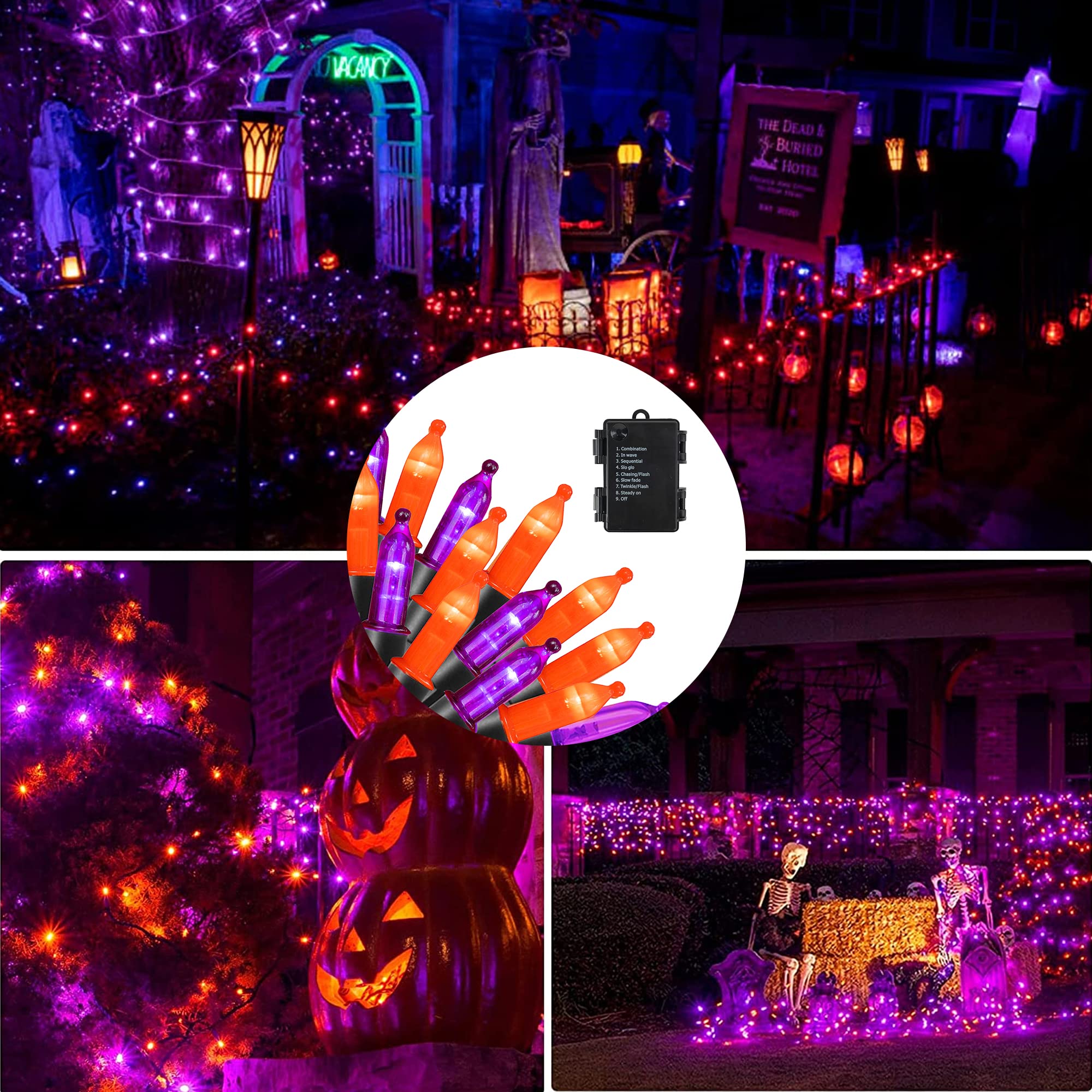Dazzle Bright 50 LED Mini String Lights, 16FT Waterproof, 2 Pack, Purple and Orange, 8 Modes for Indoor Outdoor Christmas Decorations