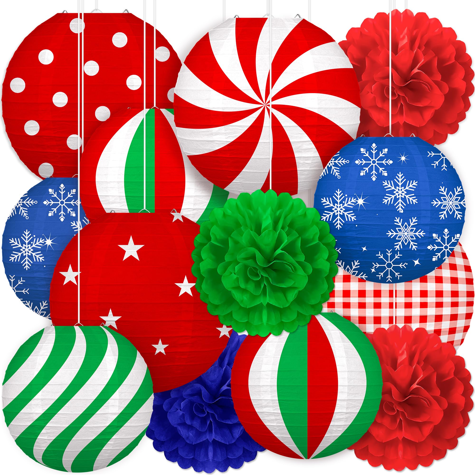 Renbuzhu 13Pcs Christmas Decorations Ornaments Set - 9 Red Green Blue Hanging Paper Lanterns  4 Pom Poms For Indoor  Home  Xmas Party  Porch Decor