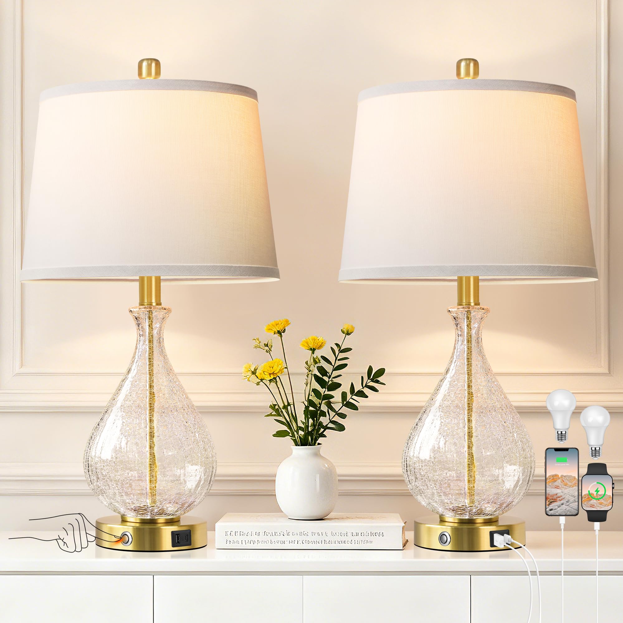QiMH Glass Table Lamps for Living Room  Bedside Lamps Set of 2 with USB A+C Charging Ports  3 Way Dimmable Touch Lamps for Nightstand  22.5 Modern Table Lamp for Bedroom Office Gold(Bulb Included)