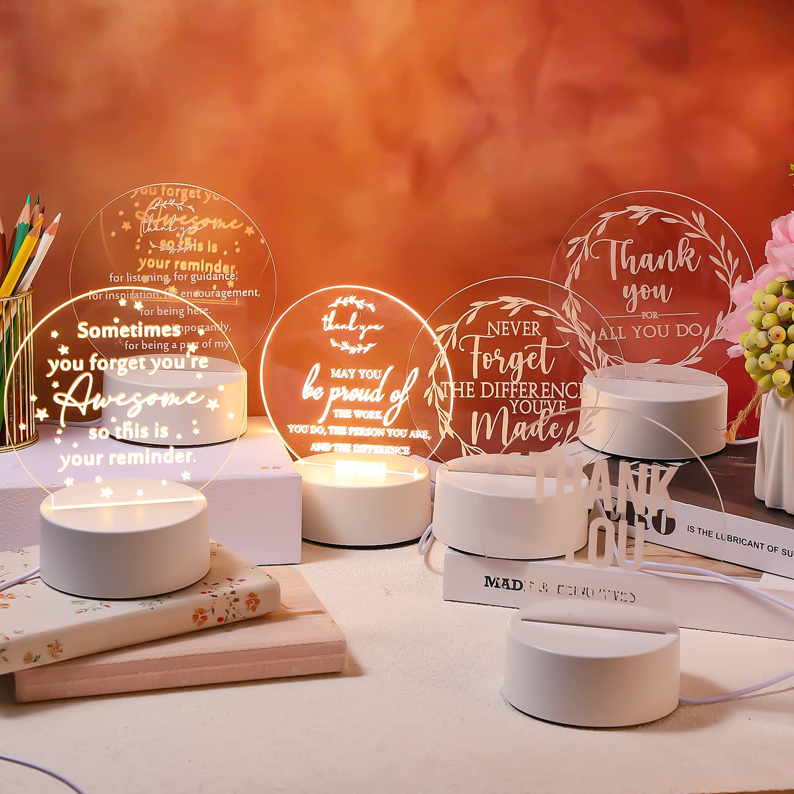 Kigley 6 Pcs Teacher Appreciation Gifts Thank You Gifts For Coworkers Acrylic Inspirational Night Light Led Engraved Lamp Valentine'S Day Gifts For Employee Teachers Social Worker Volunteer(Round)