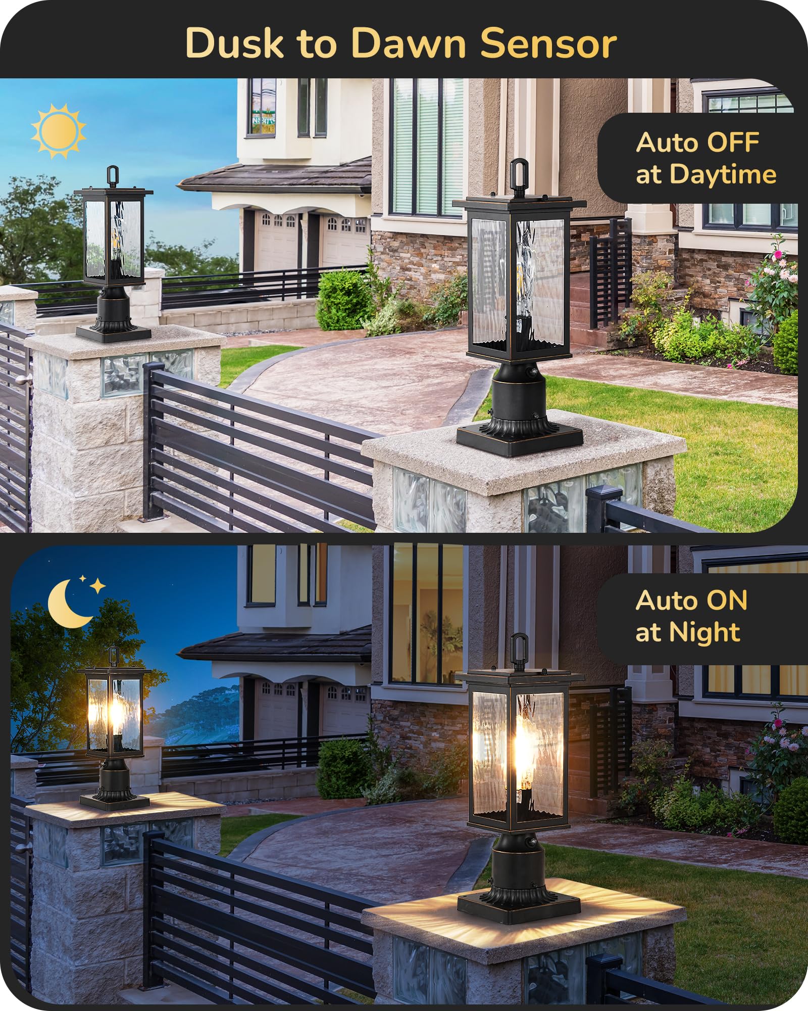 EDISHINE Dusk to Dawn Outdoor Post Light, Pole Light Fixture with Pier Mount Base, Water Ripple Glass & Aluminum Post Lantern He