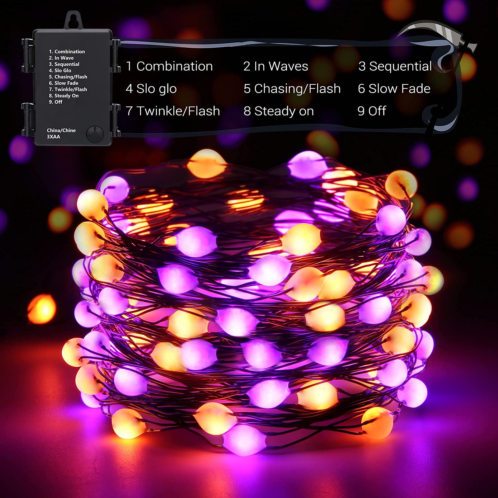 Lomotech Orange Purple Halloween Lights, 2 Pack 16.4Ft 50 Led Battery Operated Halloween Fairy Lights With Timer Function, 8 Mod