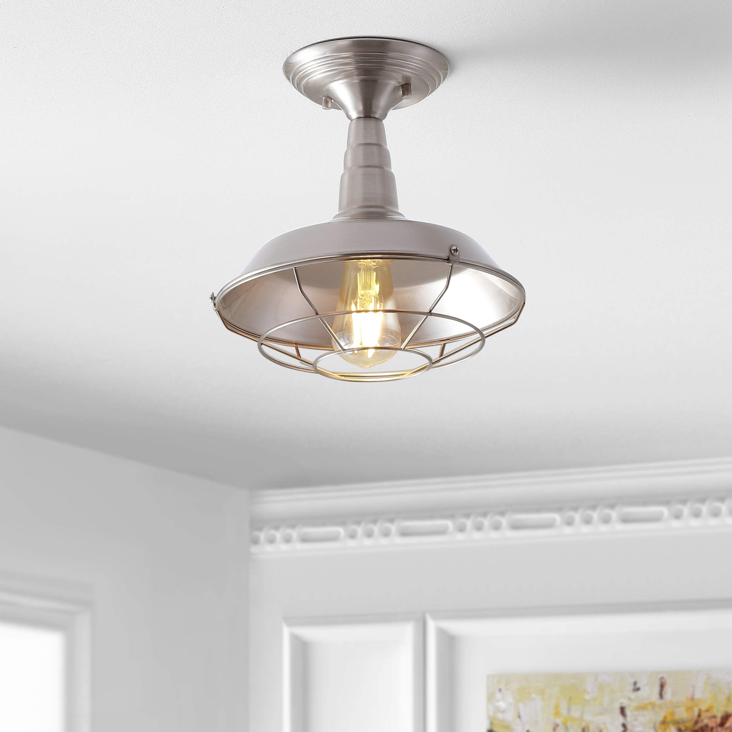 JONATHAN Y Gabe 10.2in Metal LED Semi-Flush Mount, Dimmable 2700K Warm Light, Brushed Nickel, Model JYL9517B
