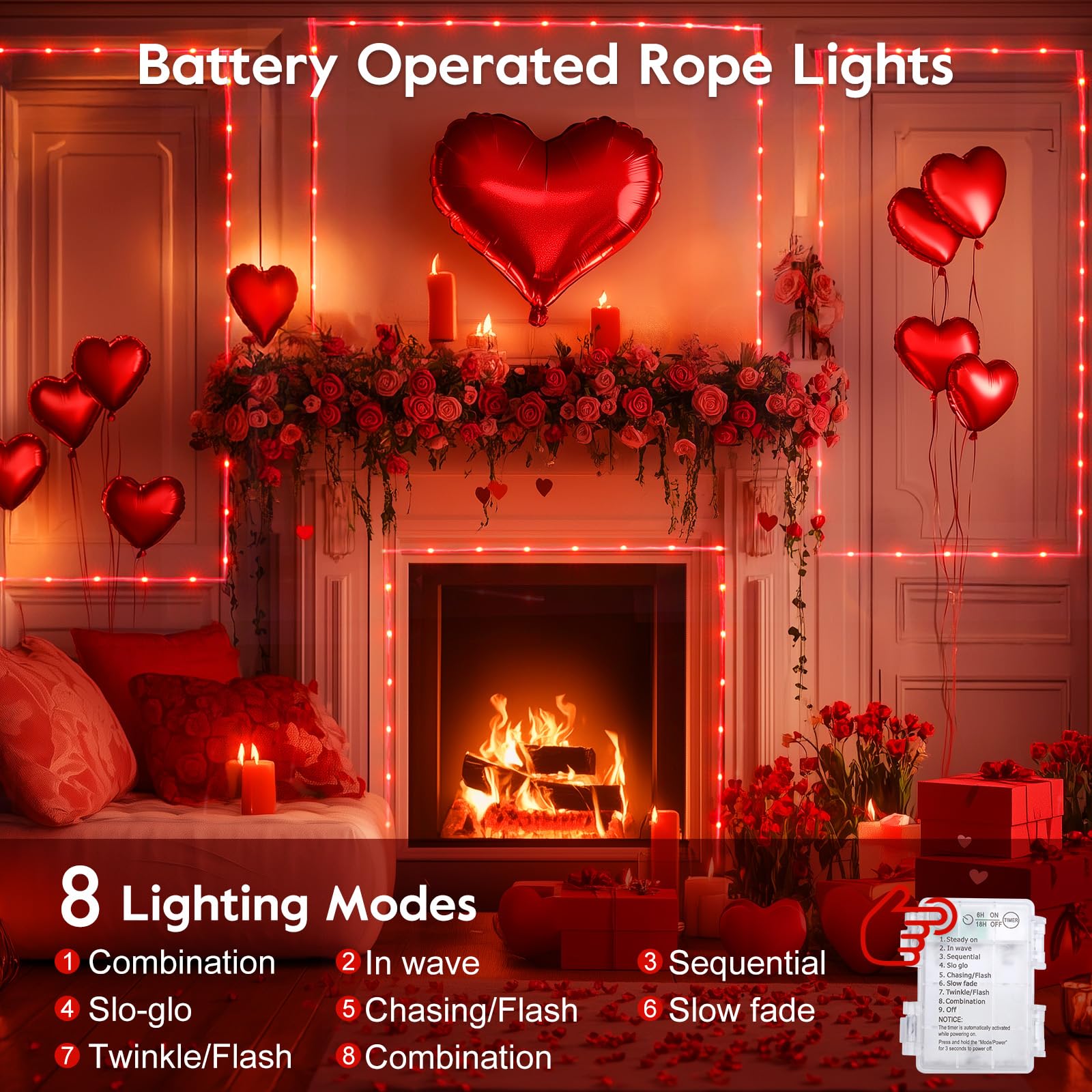 Minetom 2 Pack String Lights Battery Operated, Total 66Ft 200 Led Valentine Lights Battery Operated With Timer, 8 Mode, Waterproof Rope Lights For Outside Bedroom Indoor Valentine'S Day Decoration,Red