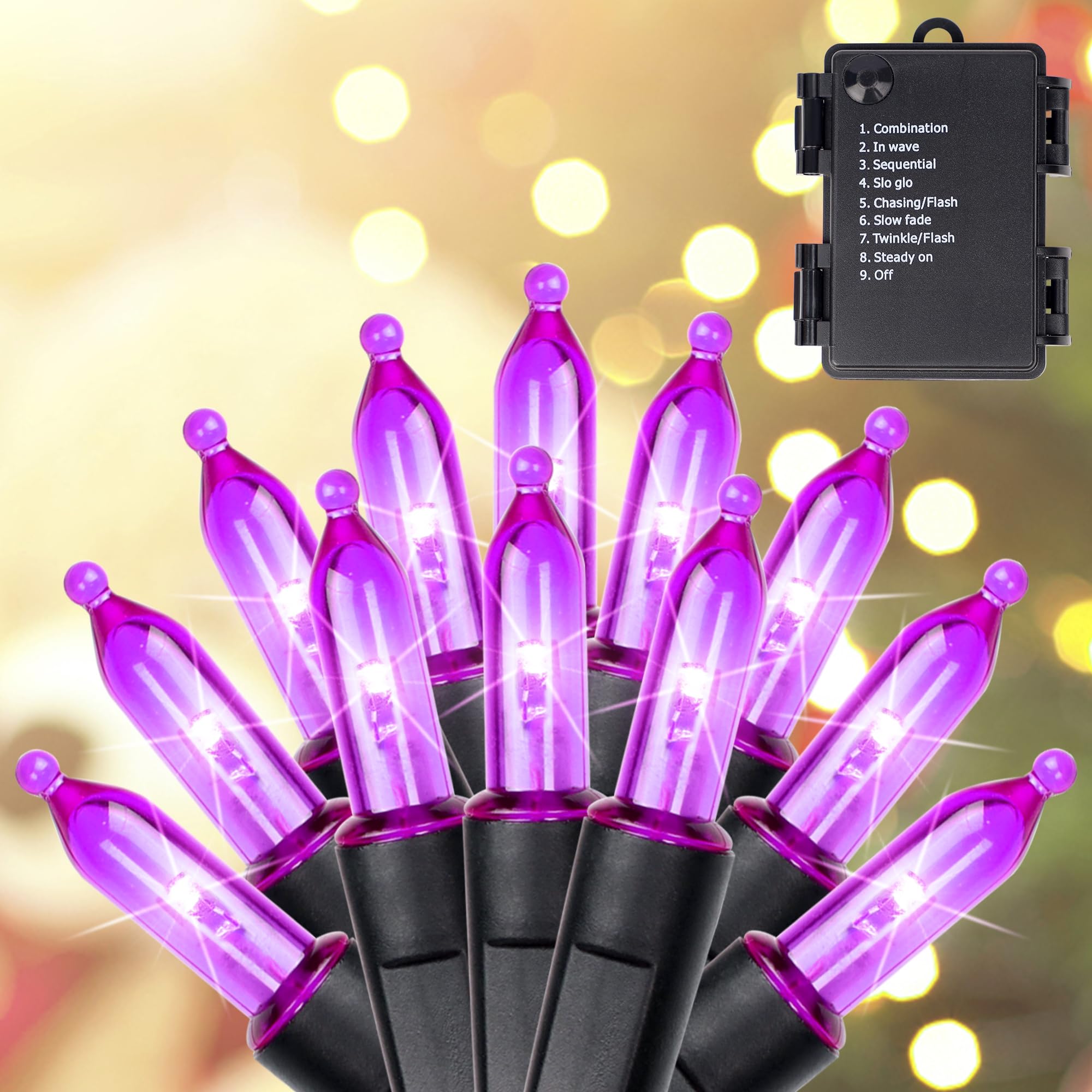 Blissun Mini String Lights - 50-Count Battery Operated, 8 Modes, 16 ft, Purple, 1 Pack, Synthetic Material