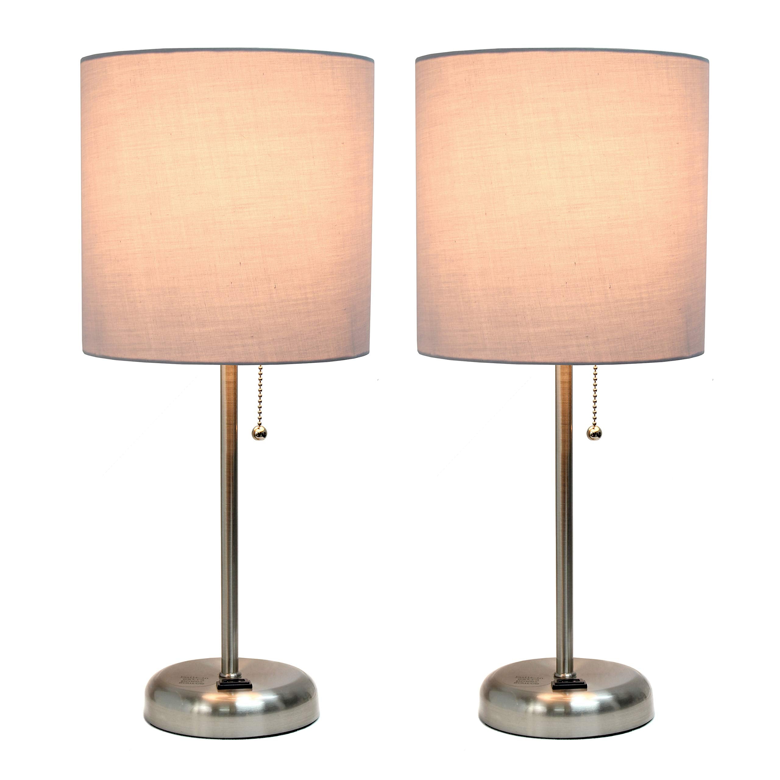 Limelights Brushed Steel Stick Table Lamp Set of 2 with Charging Outlet and Gray Fabric Shade, Model LC2001-GRY-2PK