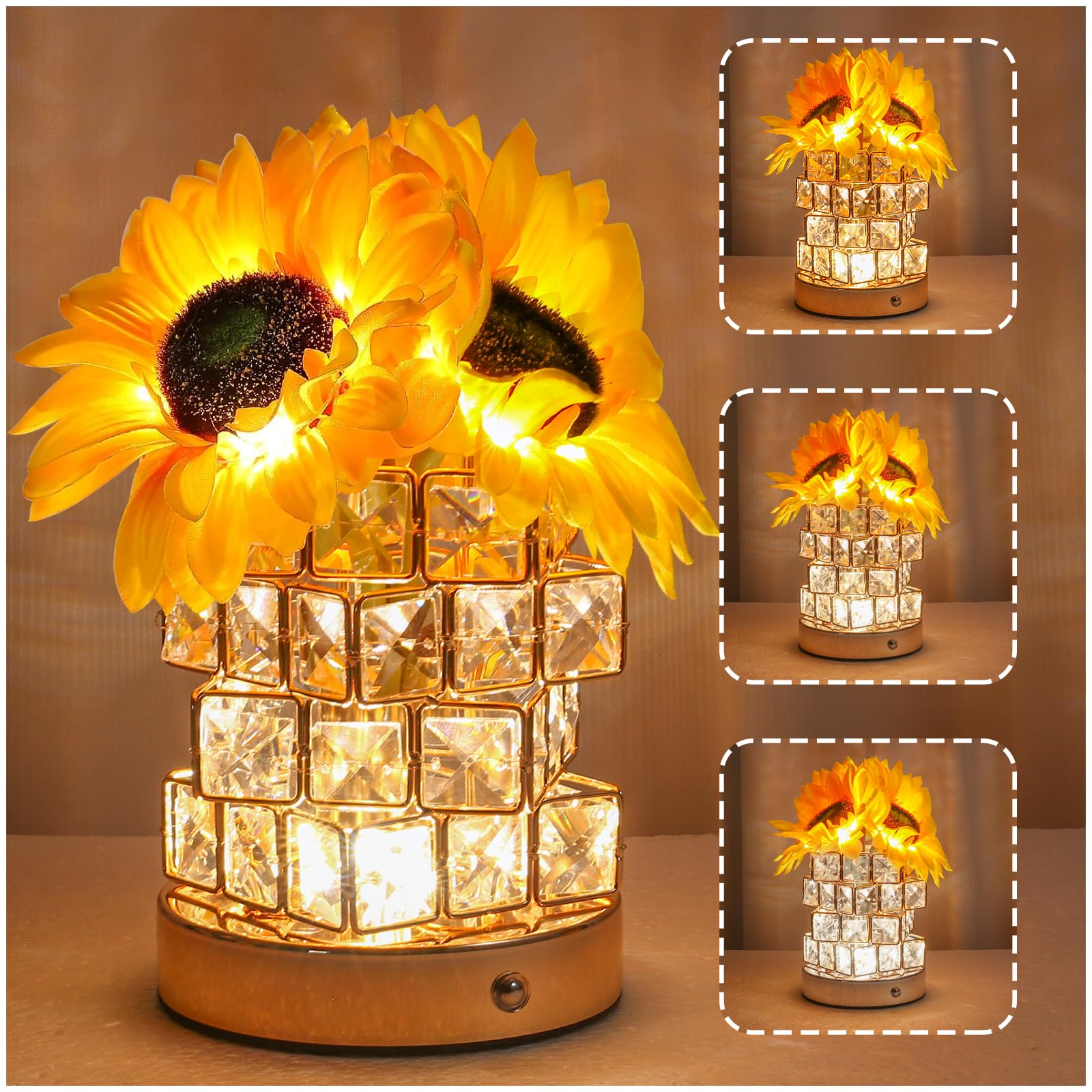 Birthday Gifts for Women/Mom Sunflower Cordless Table Lamp ,3 Color Crystal Lamps Touch Bedside Lamps Infinitely Dimming with US