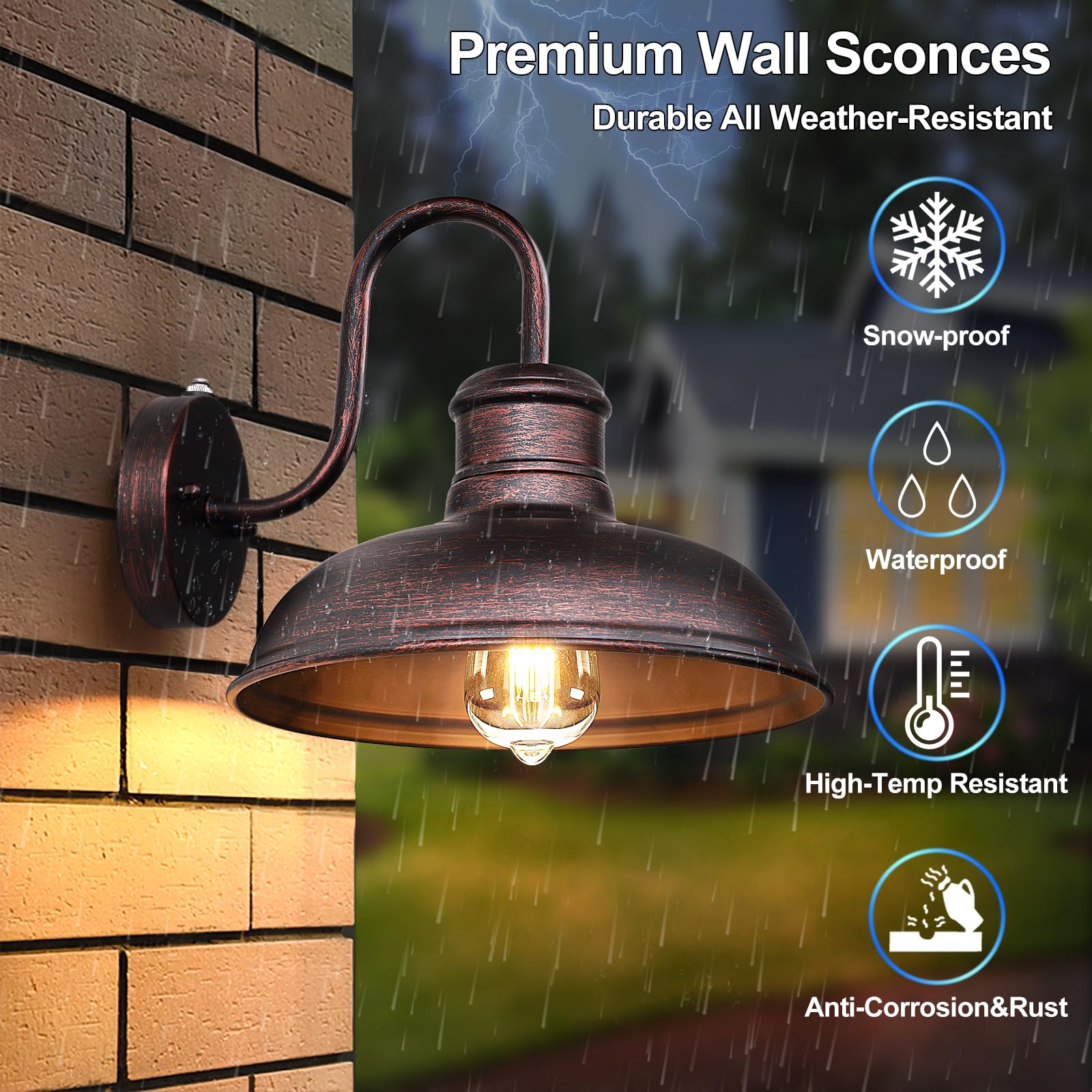 TOBUSA 2-Pack Dusk to Dawn Gooseneck Barn Wall Lights, Waterproof Distressed Brown Outdoor Fixture, Model B10014PP-BN