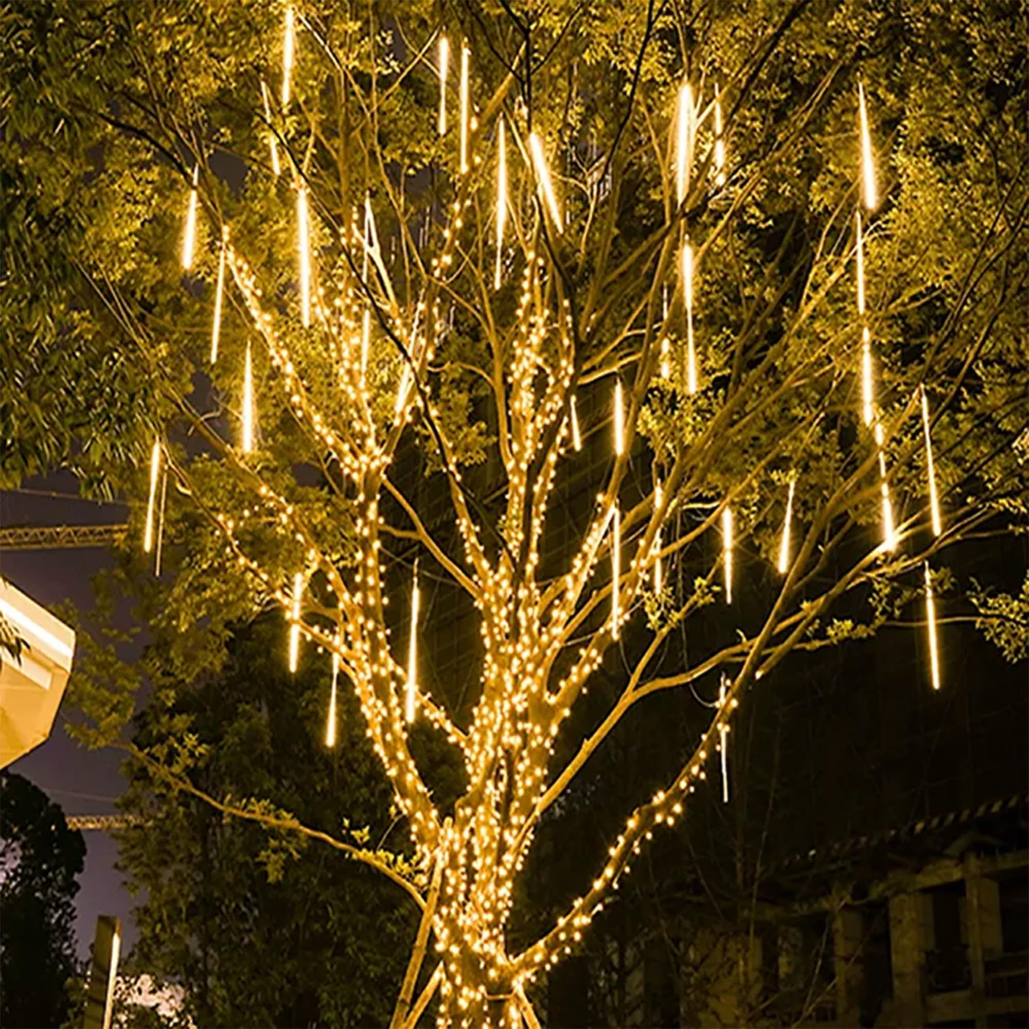 Dazzle Bright 1728 Led Christmas Light  Meteor Shower Rain Lights 11.8 Inch 48 Tubes  Waterproof Plug In Falling Rain Lights Decorations For Xmas Tree Yard Party (Warm White)