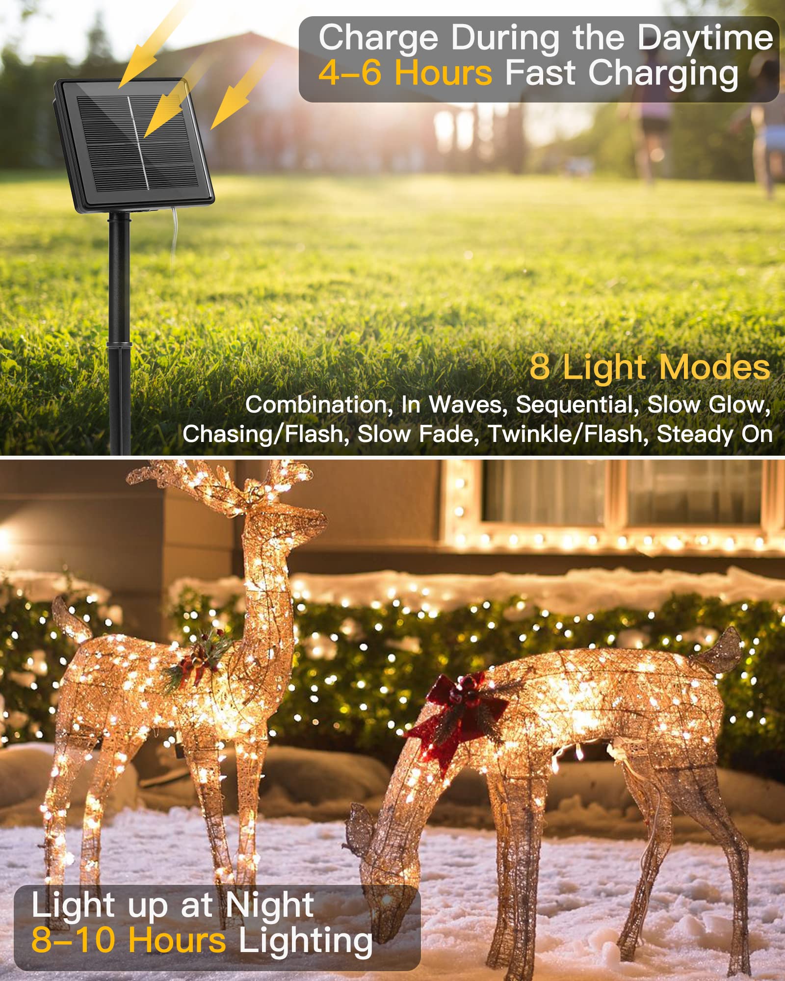 Brightown Solar String Lights, 400 LED, 132 Ft, 8 Modes, Waterproof, Warm White, Copper Wire, Model JS-TLEDX
