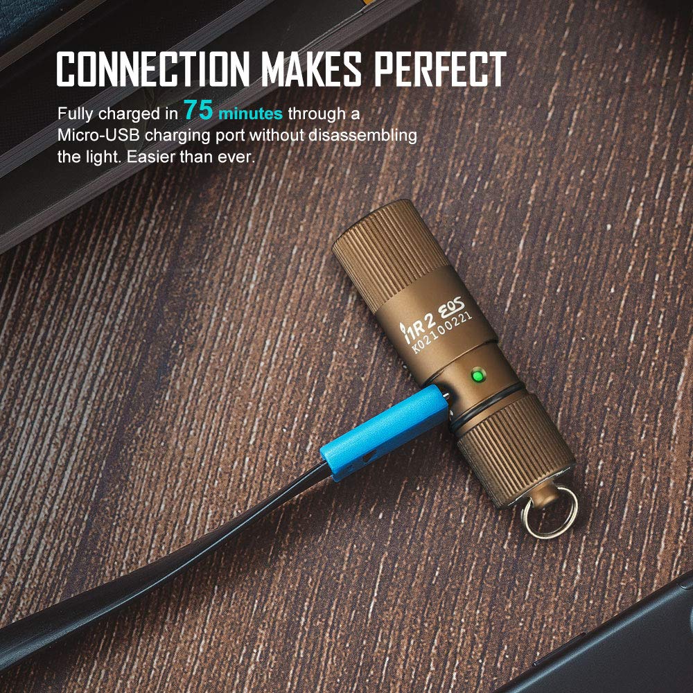 OLIGHT i1R 2 EOS Keychain Flashlight, 150 Lumens, Rechargeable, Aluminum, Desert Tan, EDC Mini Light for Camping & Hiking