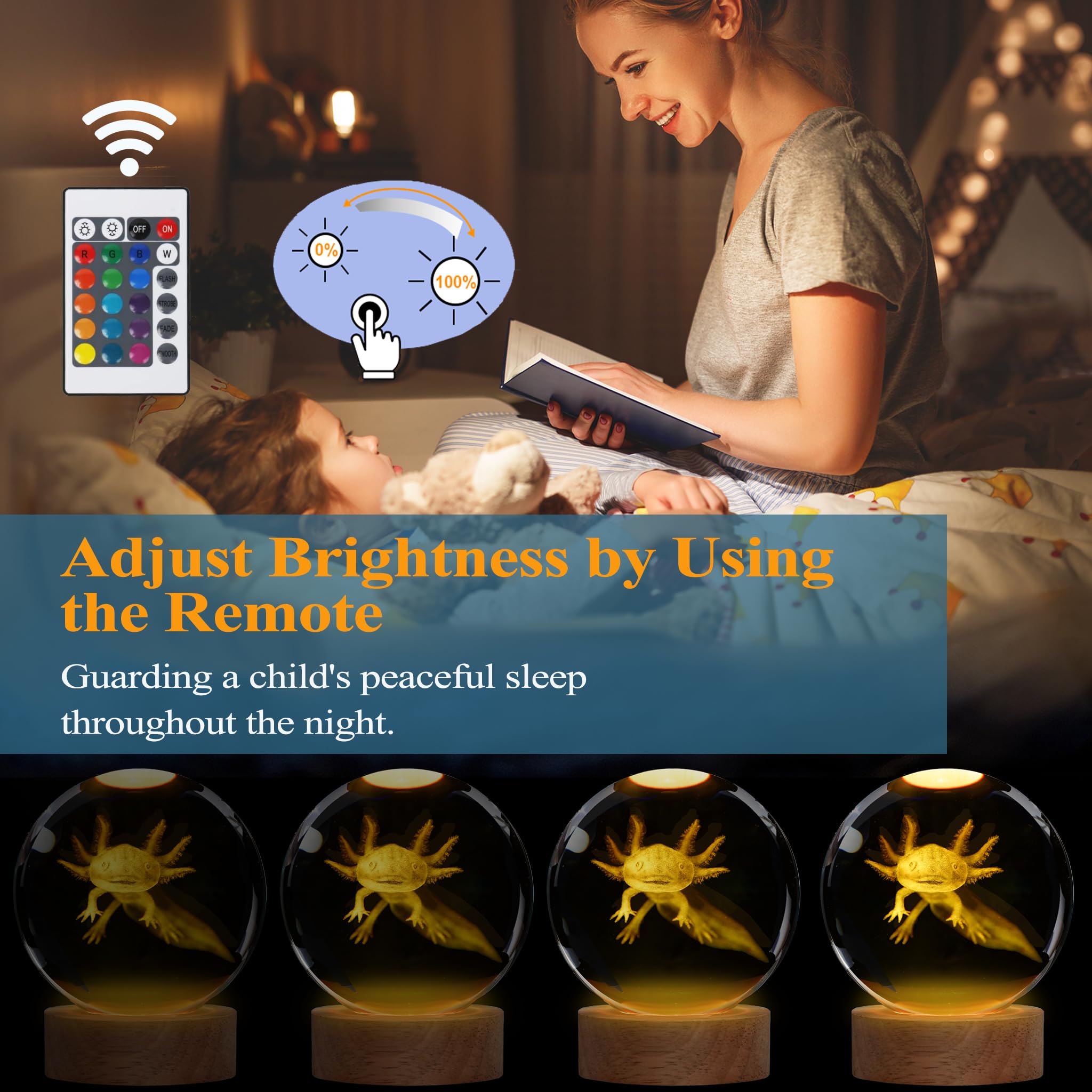 POSSHE Axolotl Night Light - 3D Crystal Ball Lamp with Remote, 16 Colors, 3.15 Inch - Unique Gifts for Boys & Girls, Model MY-3D L