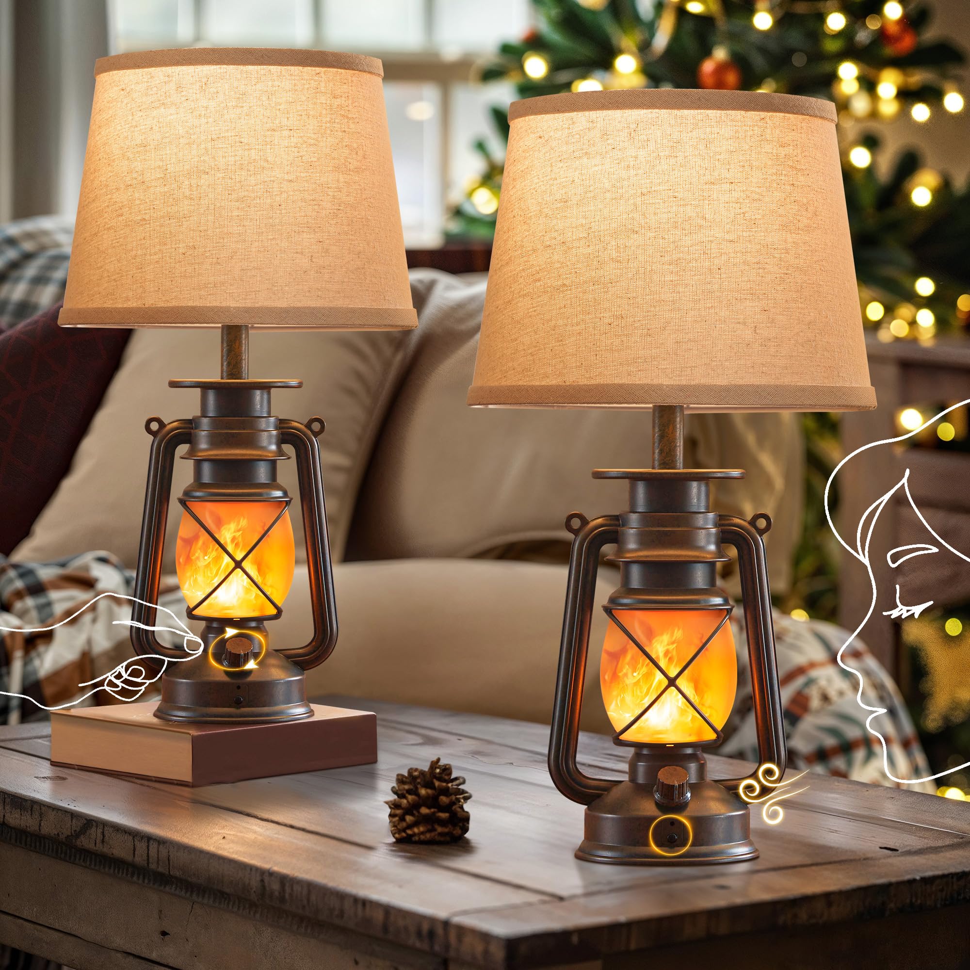 LEDIARY 18.72'' Blow-Controlled LED Lantern Flickering Flame Table Lamps for Bedrooms Set of 2, Small Farmhouse Rustic Bronze En