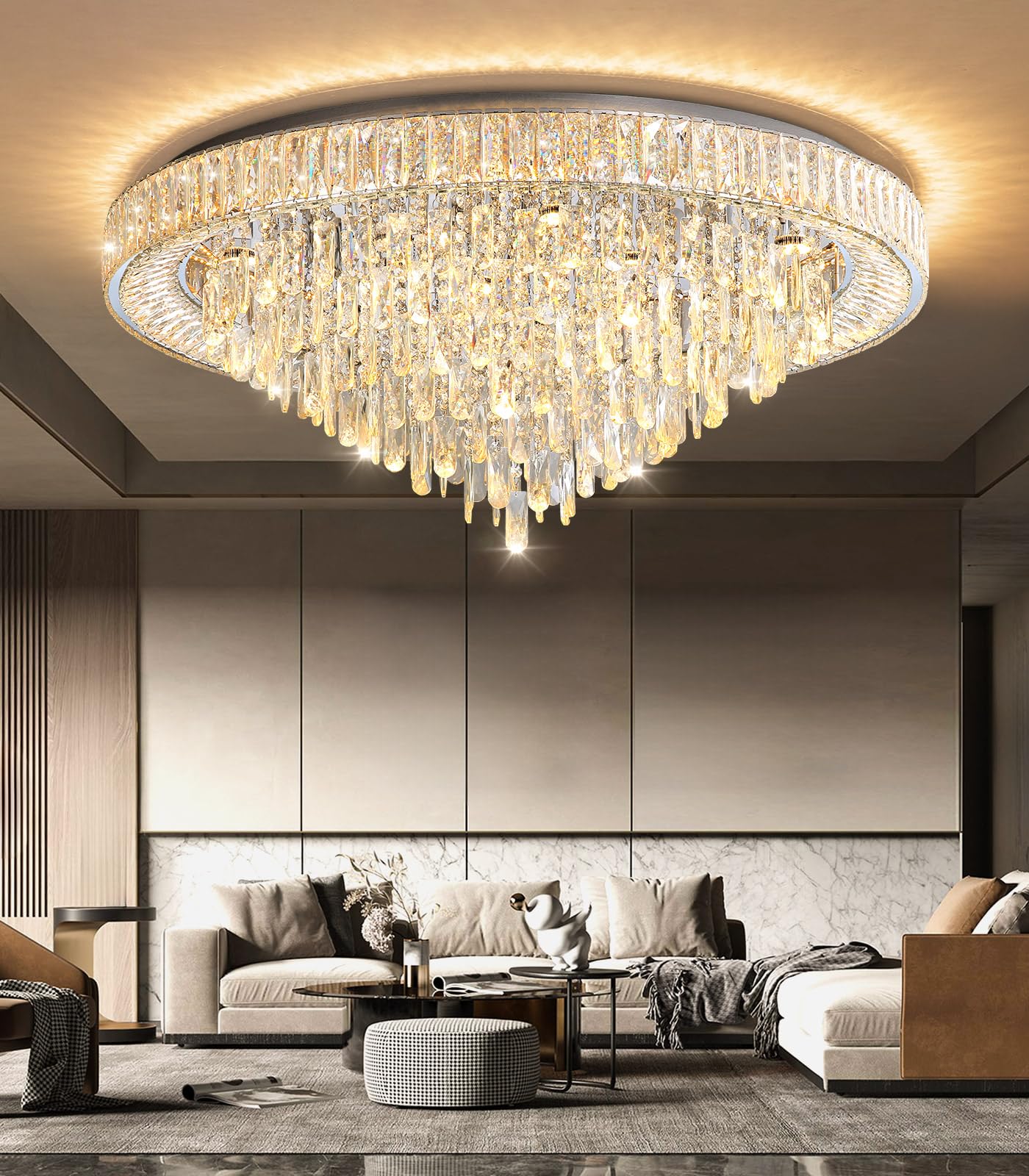 dolria Crystal Chandeliers Modern LED Dimmable Flush Mount Ceiling Chandeliers for Living Room High Ceiling Entrance Foyer Bedro