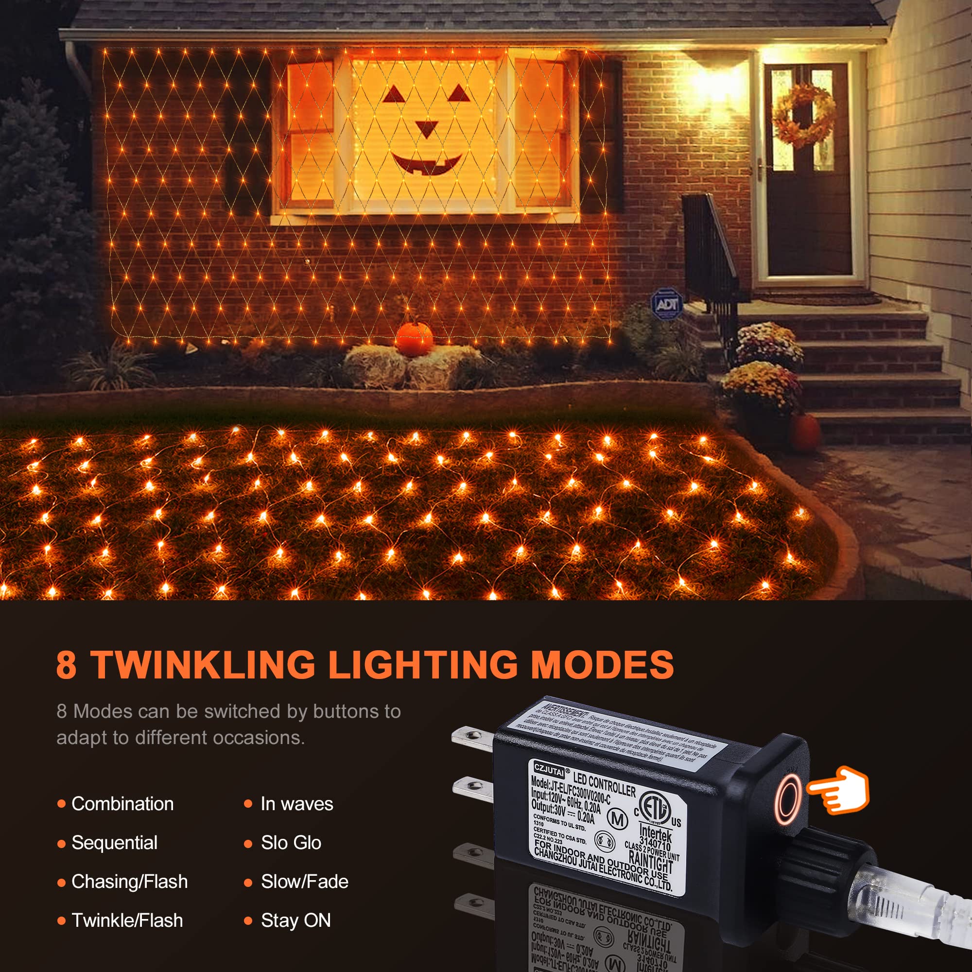 woohaha Outdoor Halloween Net Lights, 192 LED, 8 Lighting Modes, 9.8FTx6.6FT, Connectable, Orange