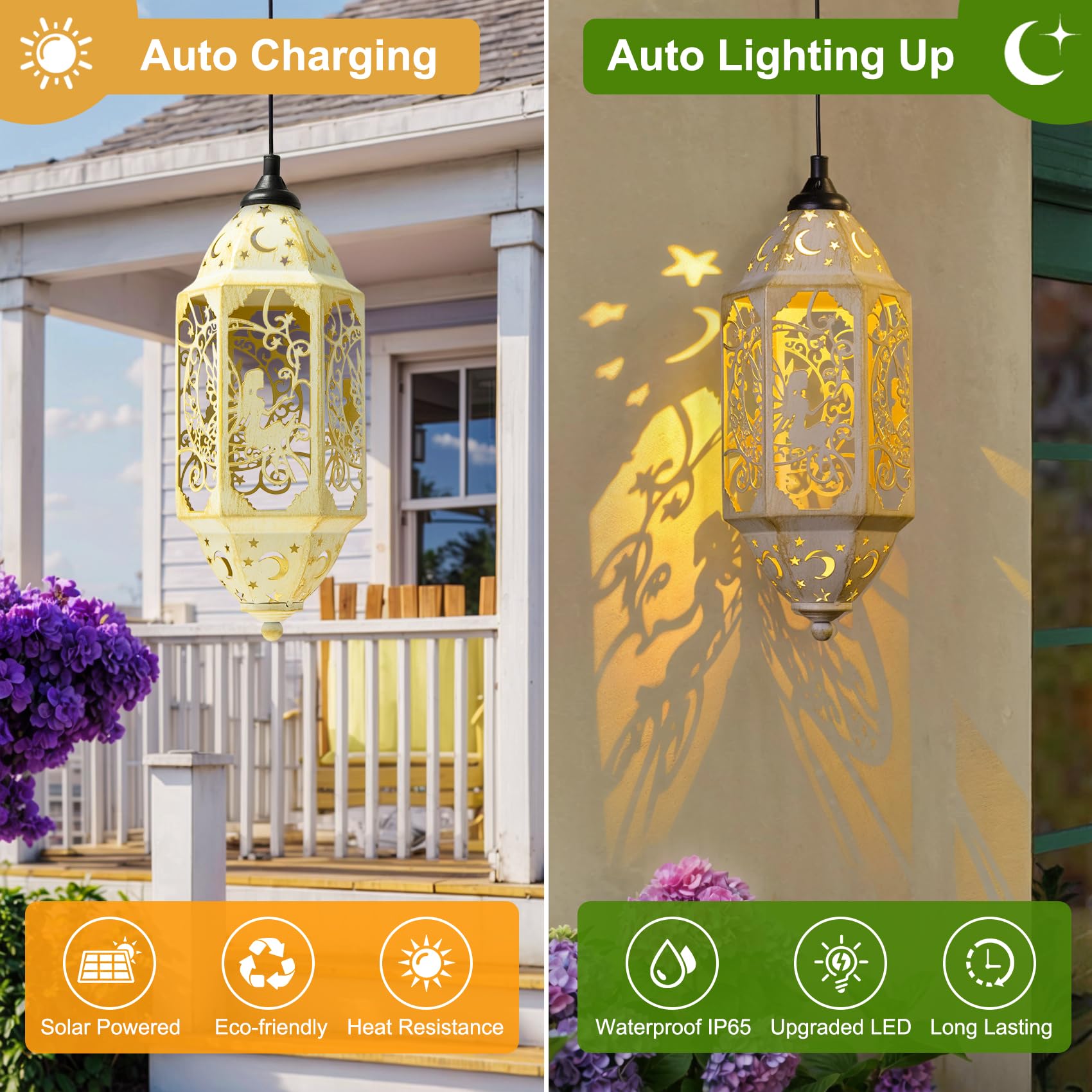 Outdoor Solar Lanterns Waterproof Fairy Moon Garden Gifts For Women Mom12.4‘’ Metal Garden Lanterns Hanging Light For Patio Backyard Decorations, Mothers Day Birthday Gifts (Gold White,2Pack)