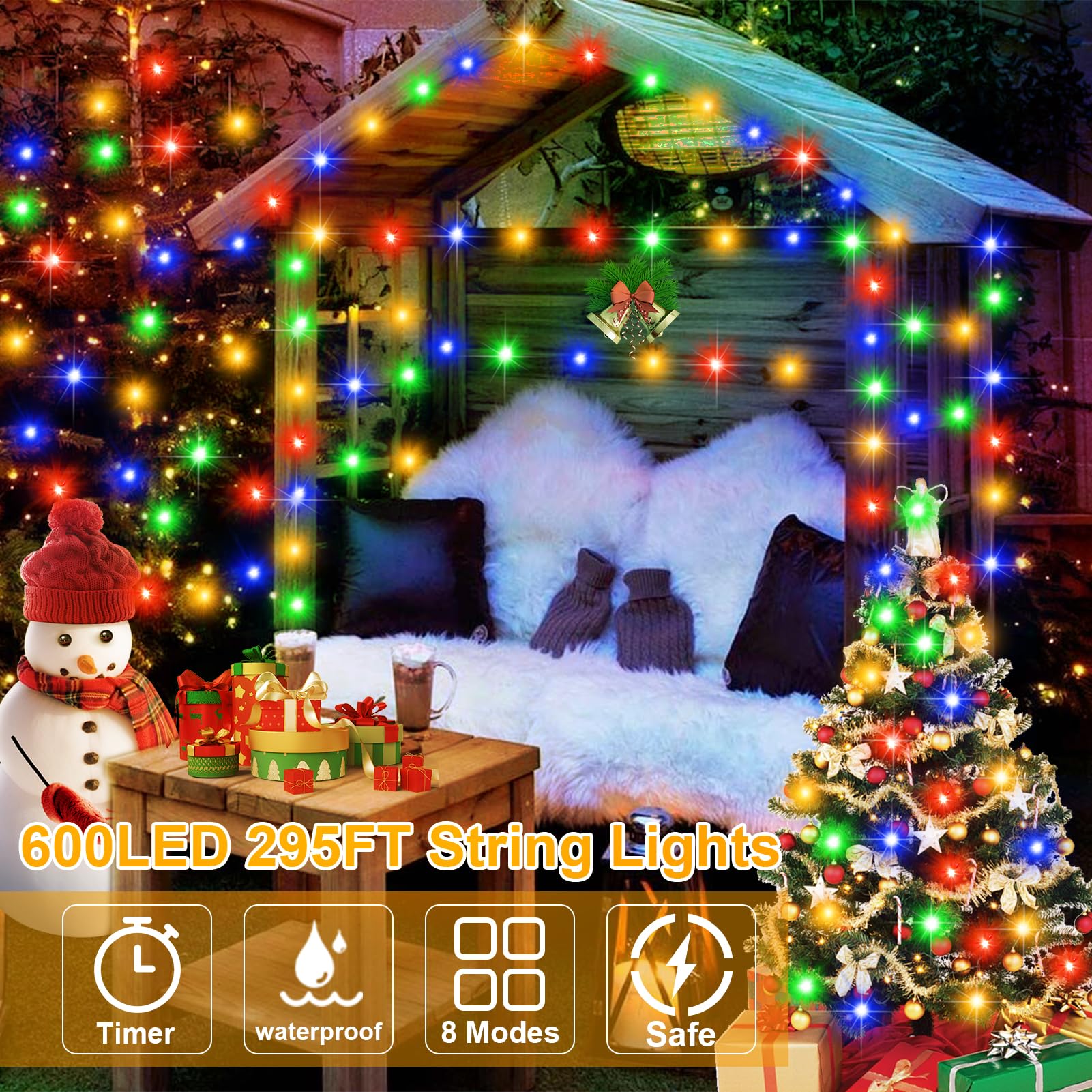 FLVOECN Outdoor Fairy Lights, Waterproof Plug-in String Lights, 98Ft, 200 LED, Multicolor, F8 Model