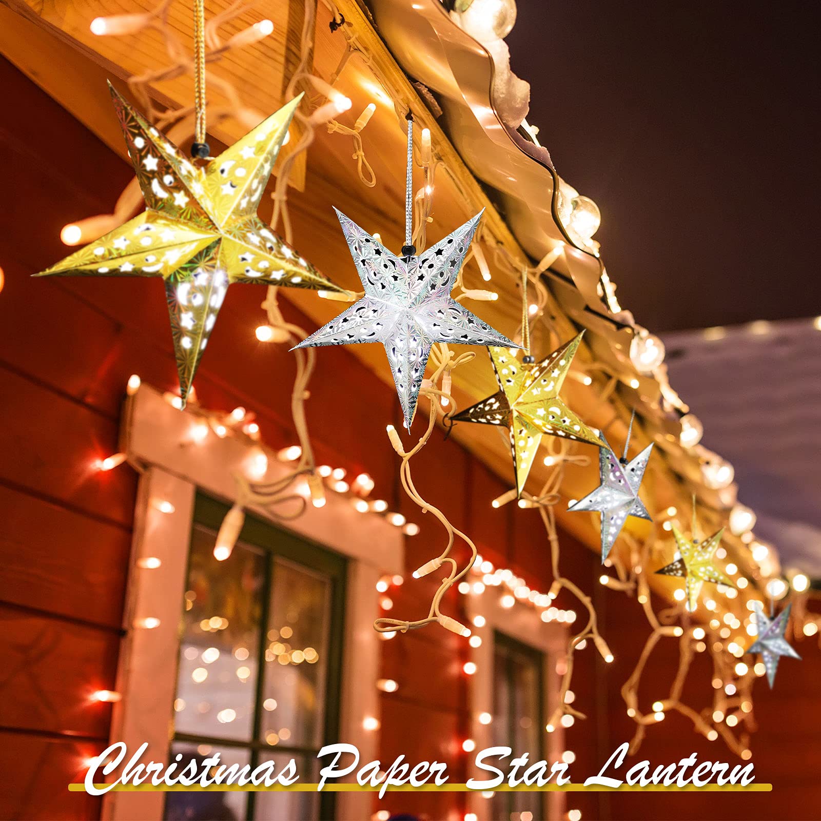 Zhanmai 10 Pcs 3D Christmas Paper Star Lanterns with 20 LED Lights - Gold & Silver Hanging Decoration for Home Decor