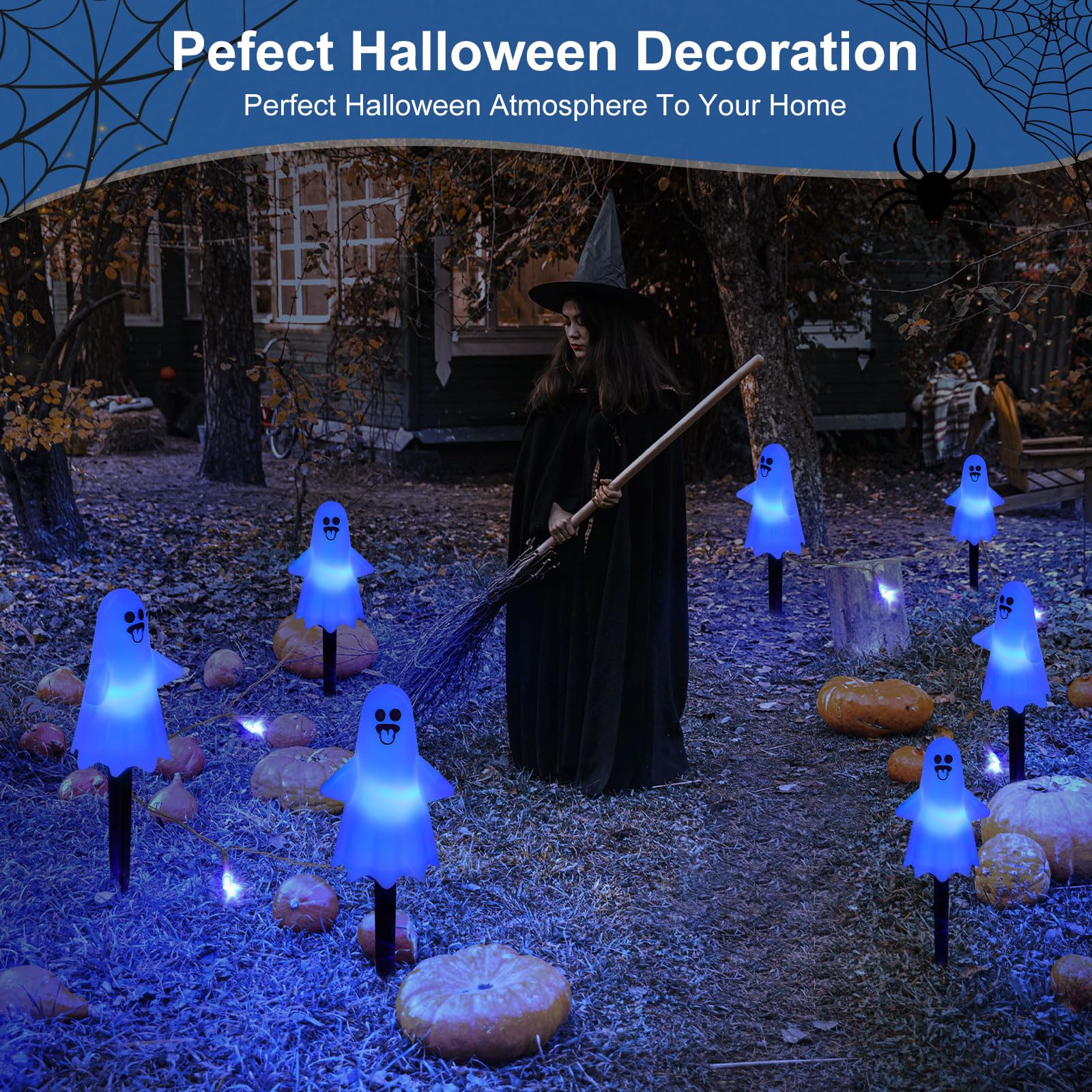 8Pcs Ghost Halloween Decor Pathway Lights Outdoor  Solar Powered Ghost Stake Lights With 8 Lighting Modes  Waterproof Halloween Decorations For Garden/Yard/Patio