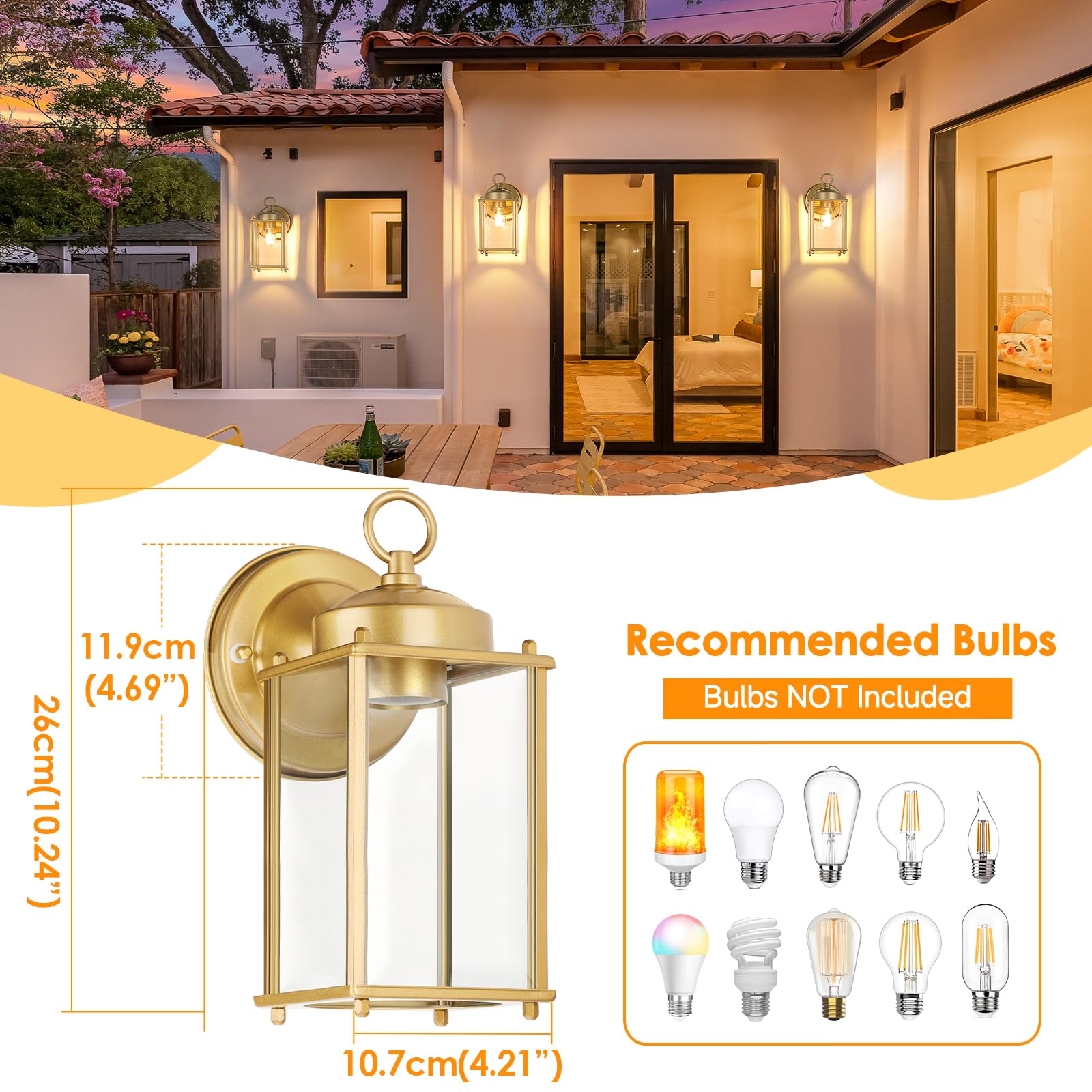 MATAMEYE Large Outdoor Wall Lantern, Waterproof Gold Sconce Light, 10.24" Iron Fixture, Model GS8648-XL, 2 Pack
