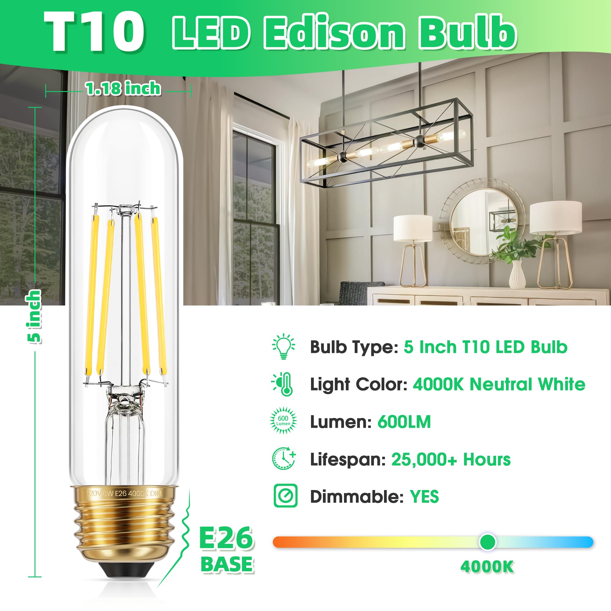 Ggoying Dimmable E26 Led Bulb 60W Equivalent, 600Lm Neutral White 4000K E26 Edison Bulbs, 6W Tubular T10 Led Bulb For Rustic Pen