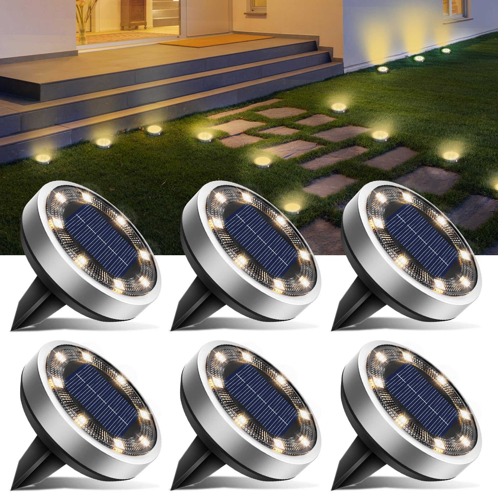 btfarm 6 Pack Solar Ground Lights Outdoor, 8 LED Flat Solar Lights Outdoor Pathway IP65 Waterproof for Garden Pathway Lawn Patio