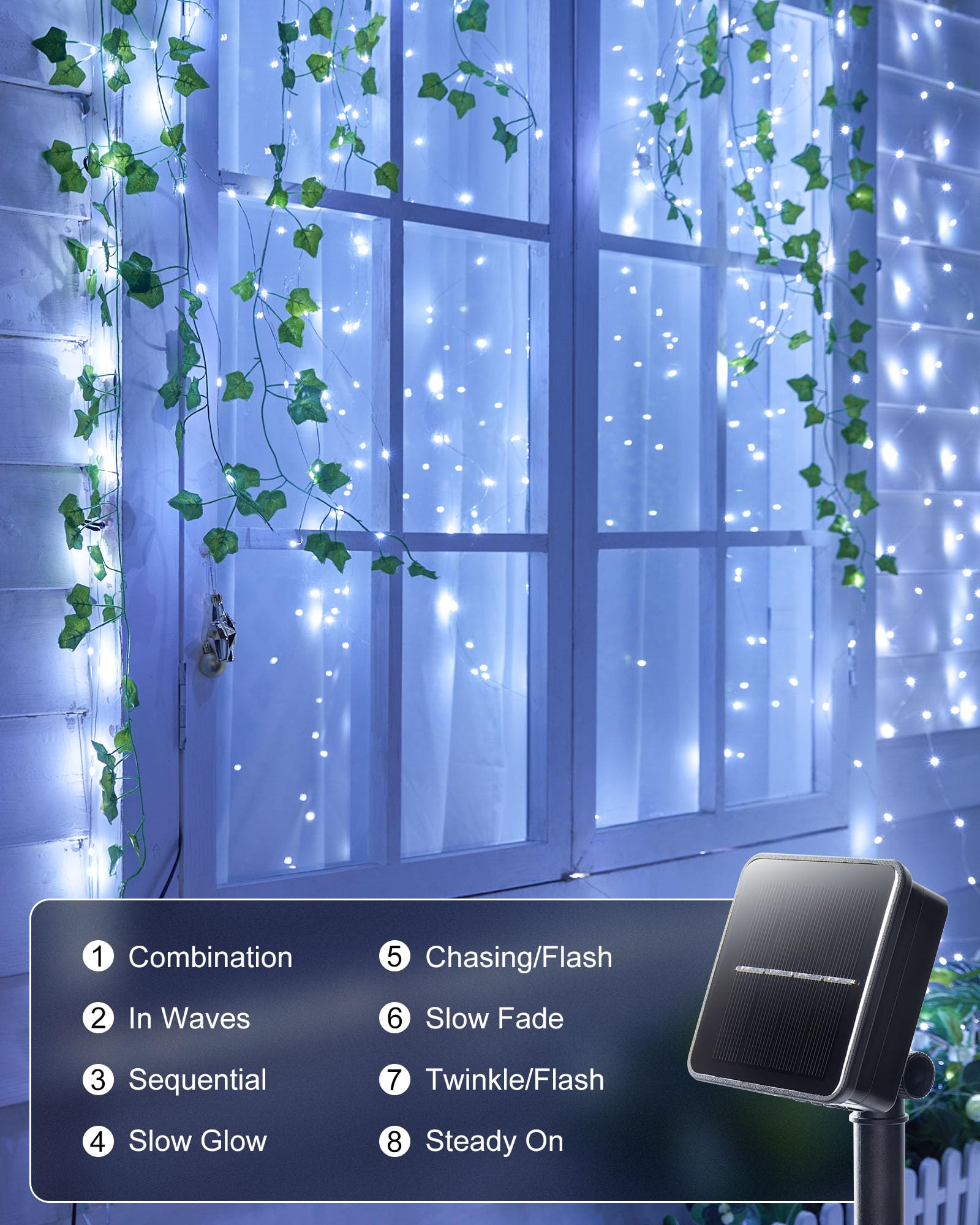 Minetom Solar String Lights For Outside, 33Ft 100 Led Outdoor Solar Fairy Lights, 8 Modes Balcony Lights For Tree Patio Christmas Party Wedding Decor (Pure White)