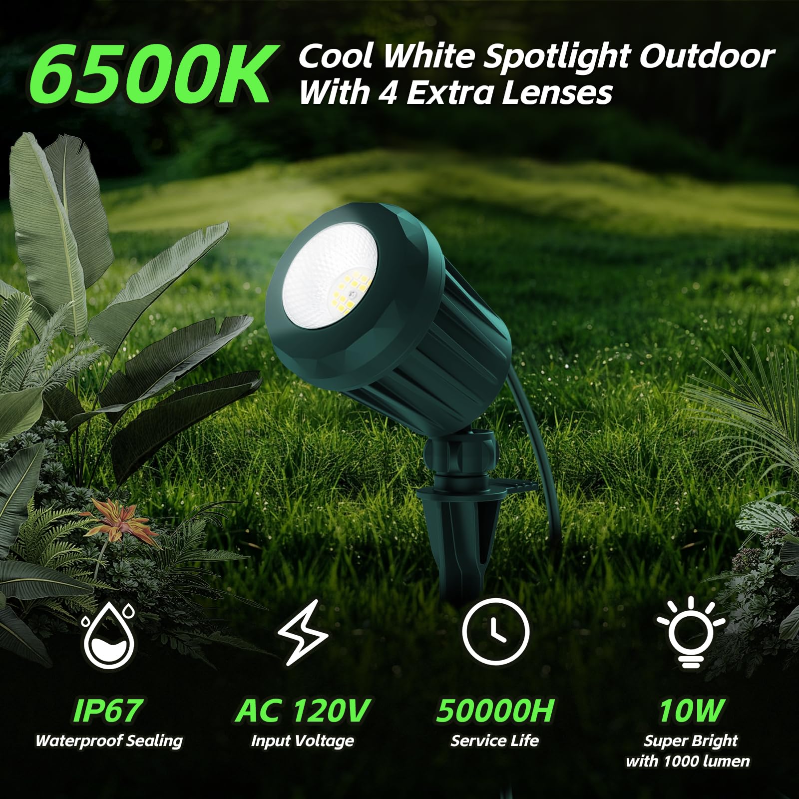 Holeva Halloween & Christmas Outdoor Spotlight  6500K Cool White Led Landscape Lighting With 4 Lenses (Rgb Purple)  Ip67 Waterproof  120V Plug-In For Yard  Garden Tree Holiday Decor(2 Pack  Green)