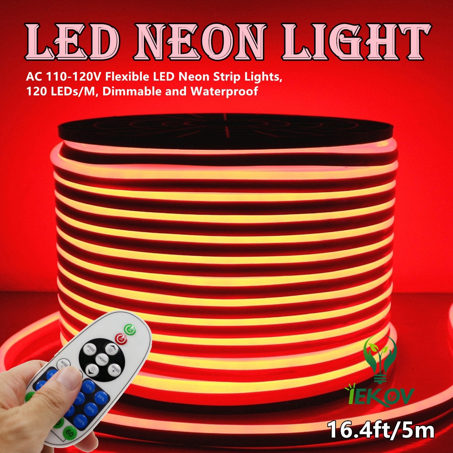IEKOV LED Neon Light, Flexible 5m/16.4ft Waterproof Strip, 120 LEDs/M, Red, Model NEON LIGHT-R-5M