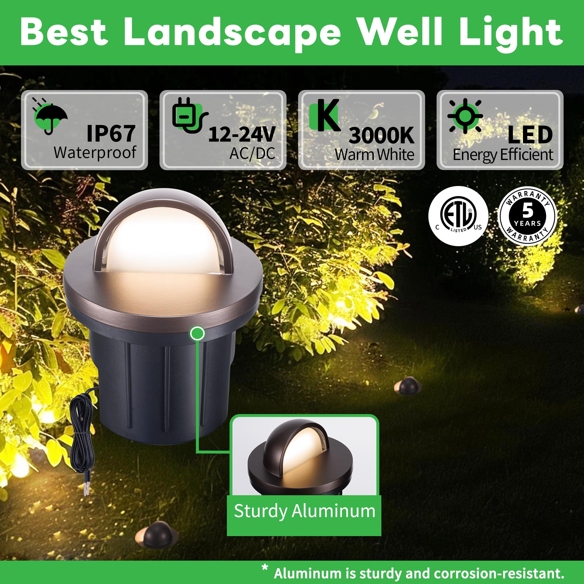 Varmtalys Low Voltage Well Lights Led, 12V In-Grade Landscape Lights, Outdoor Ip67 Waterproof, 6'' Wired Directional Aluminum Or