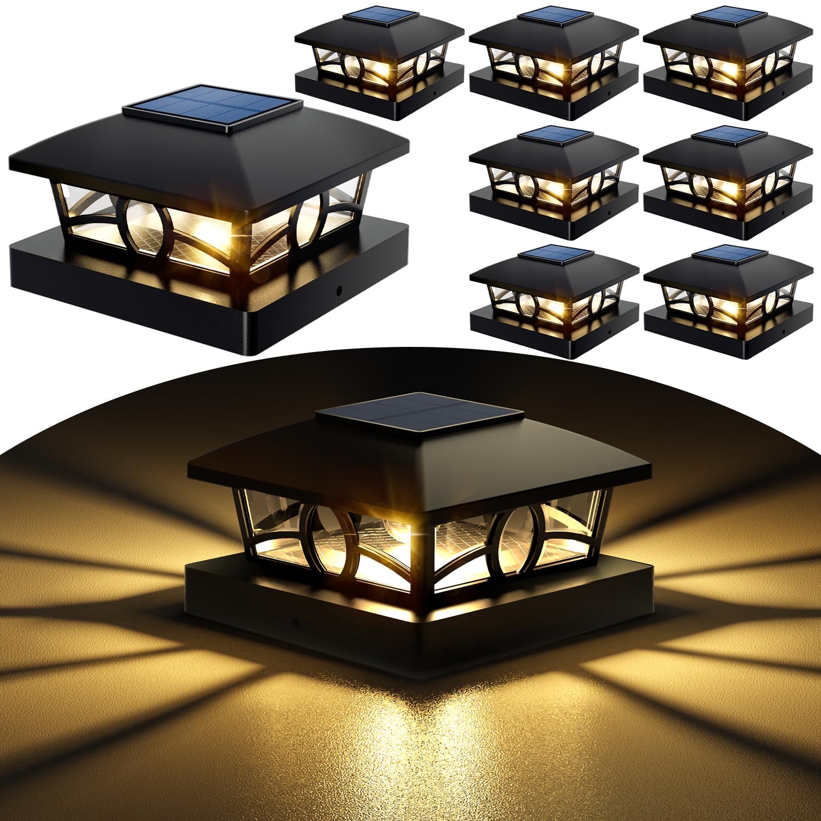 NIORSUN Solar Post Lights, Waterproof Edison LED Bulbs, 4x4 Post Cap, 8 Pack, Black, for Outdoor Garden and Patio Decor