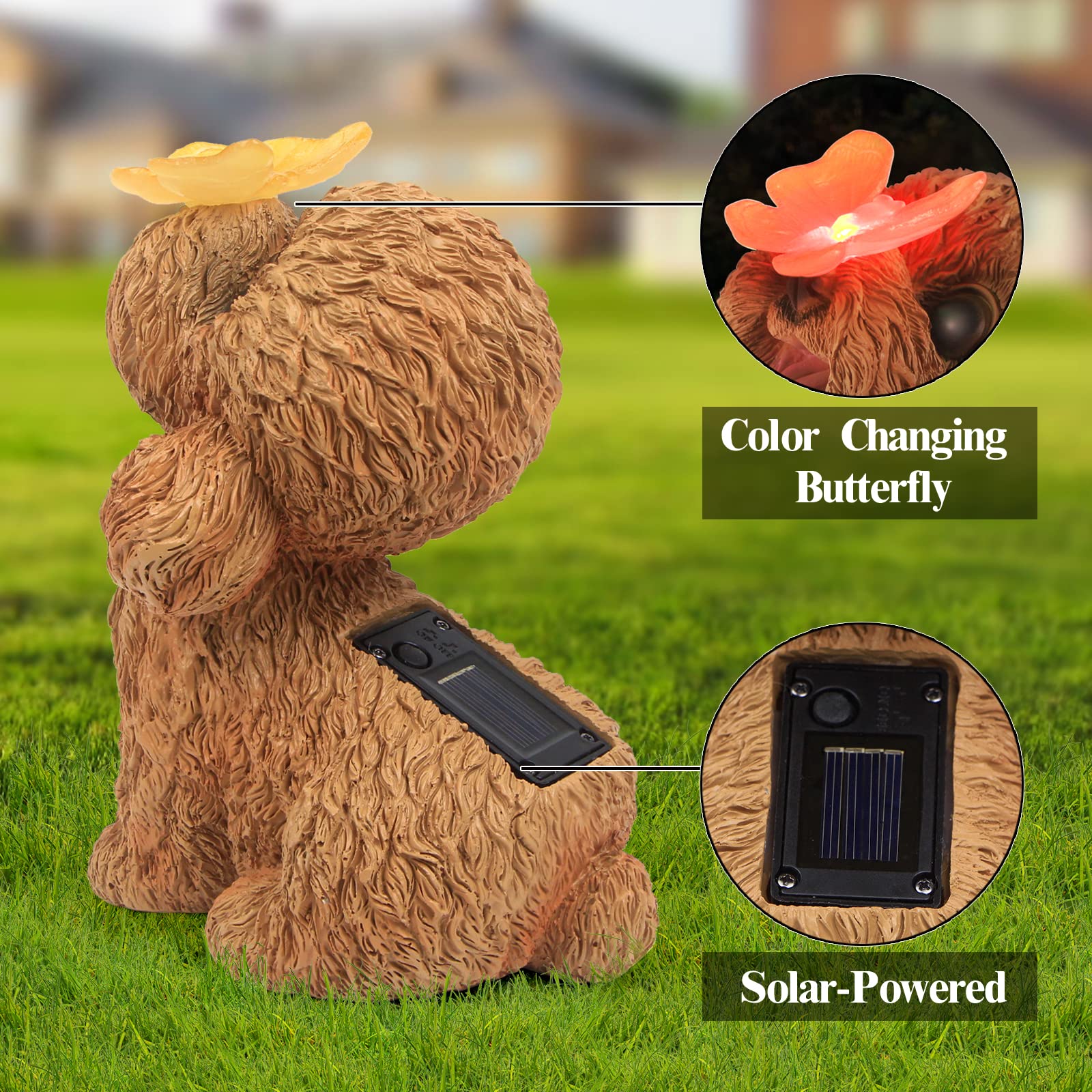 PaLuQiYa Dog Statues Outdoor Decor - Solar Resin Dog Ornaments for Garden, Patio, Lawn - Teddy Color, Ideal Housewarming Gift