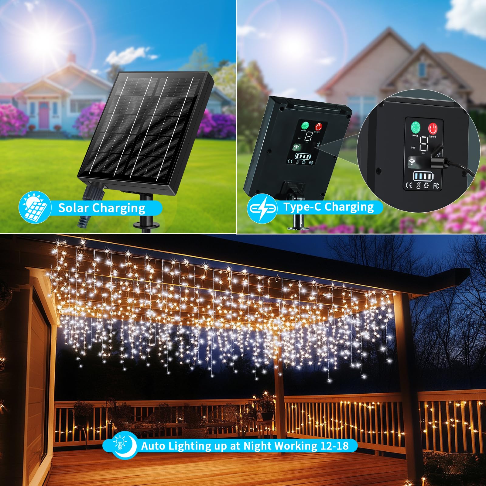 Solar Christmas Lights Outdoor Waterproof 50+16Ft 506 Led Icicle Lights For Outside With 2400Mah Connectable Rechargeable Dimmab